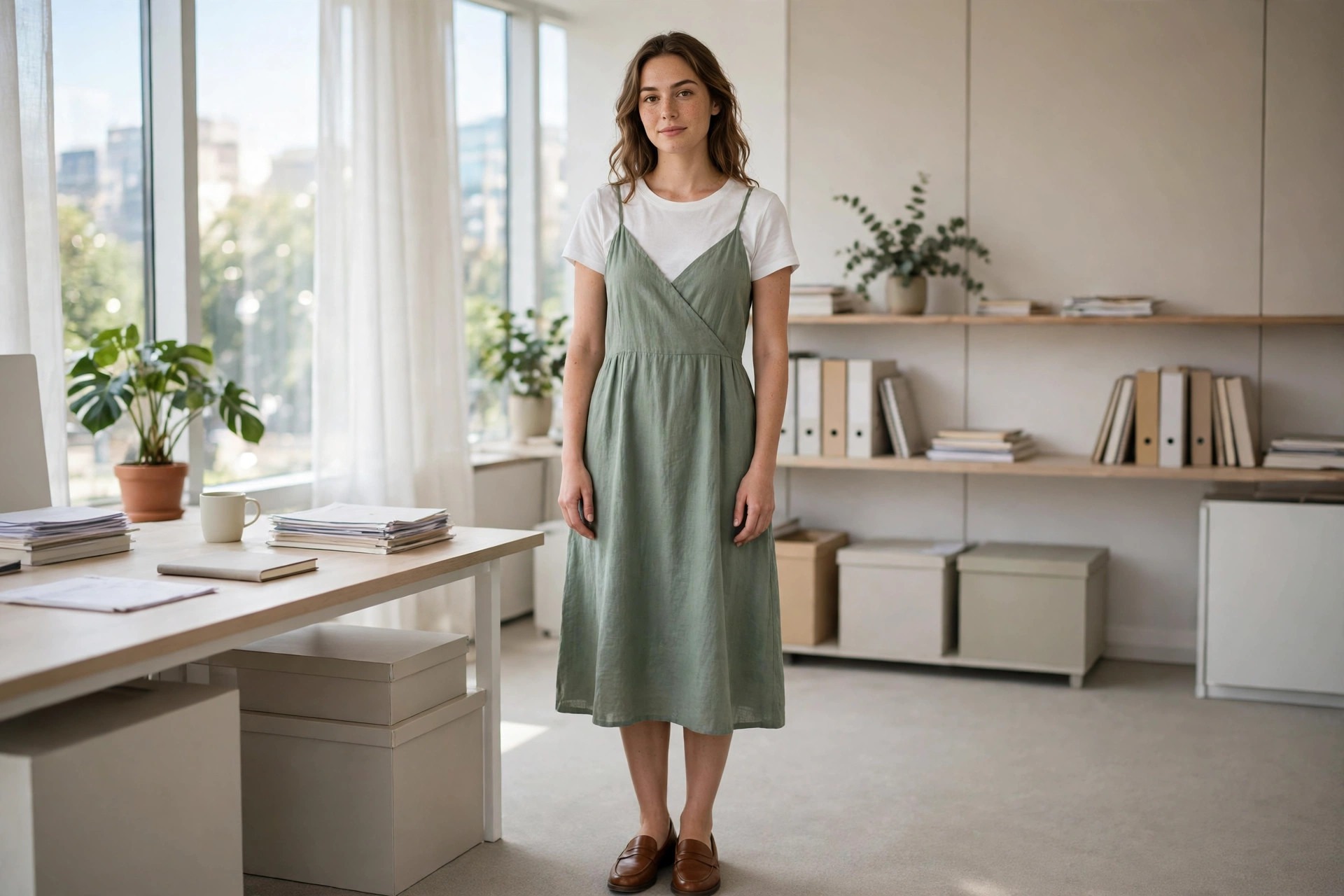 Woman wearing a white tee under a sage green sundress with loafers