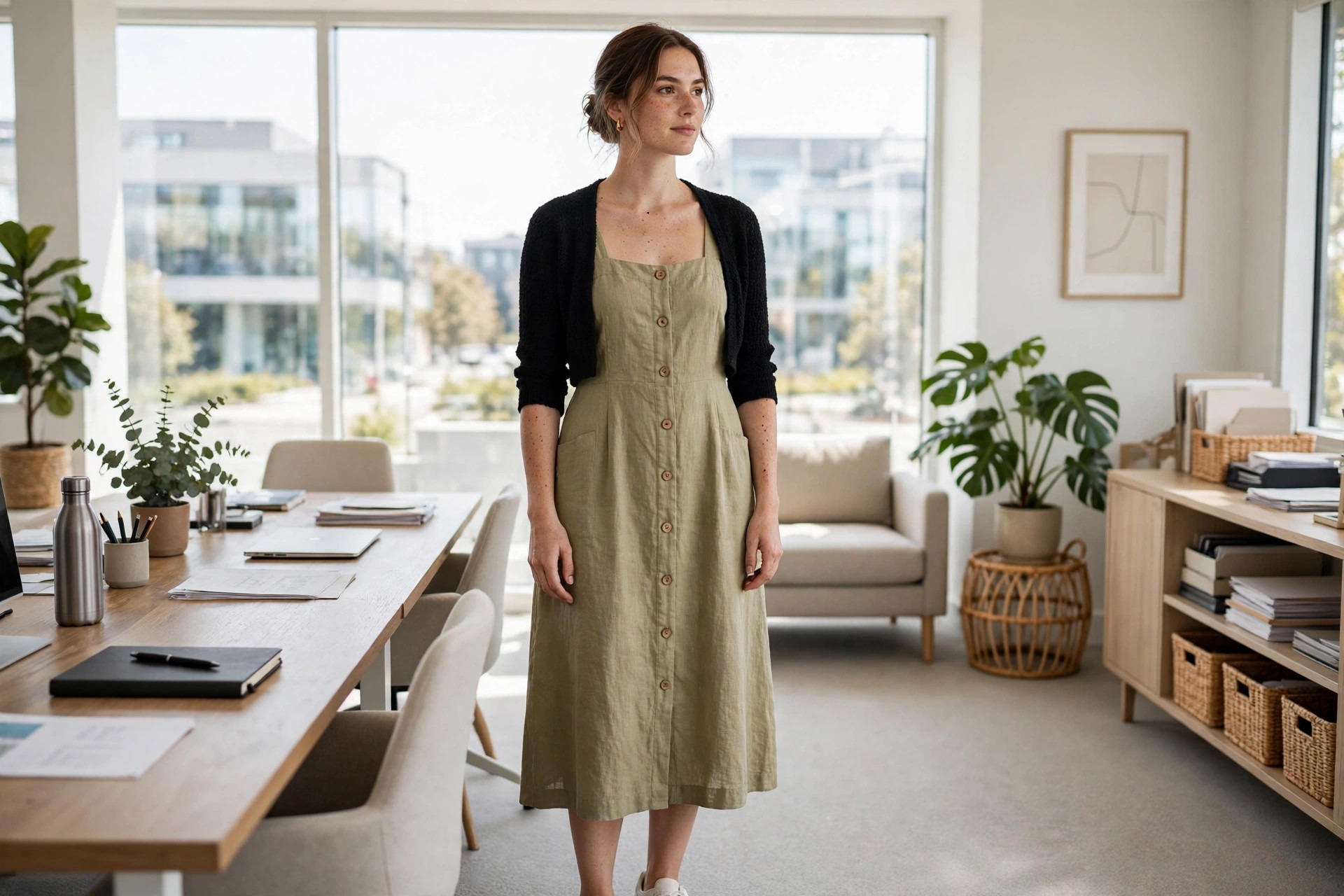 Woman wearing a black bolero over a wide strap dress for a meeting