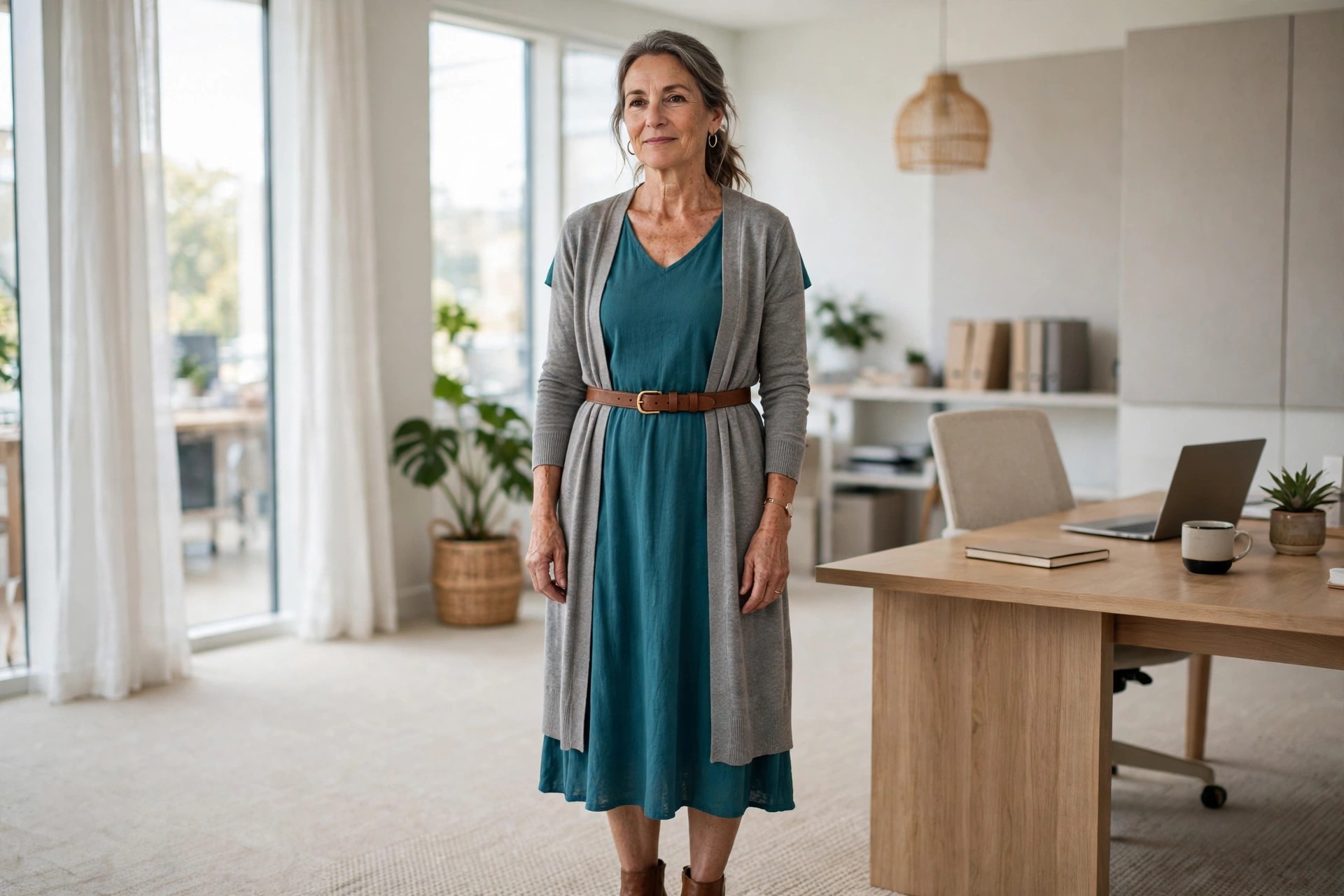 Woman wearing a long grey cardigan belted over a teal midi dress