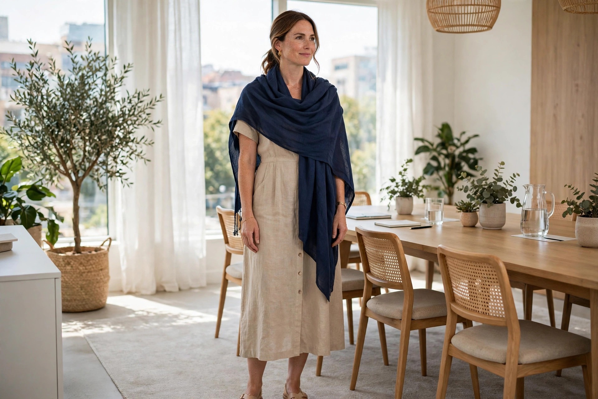 Woman wearing a navy scarf wrap over her shoulders with a summer dress