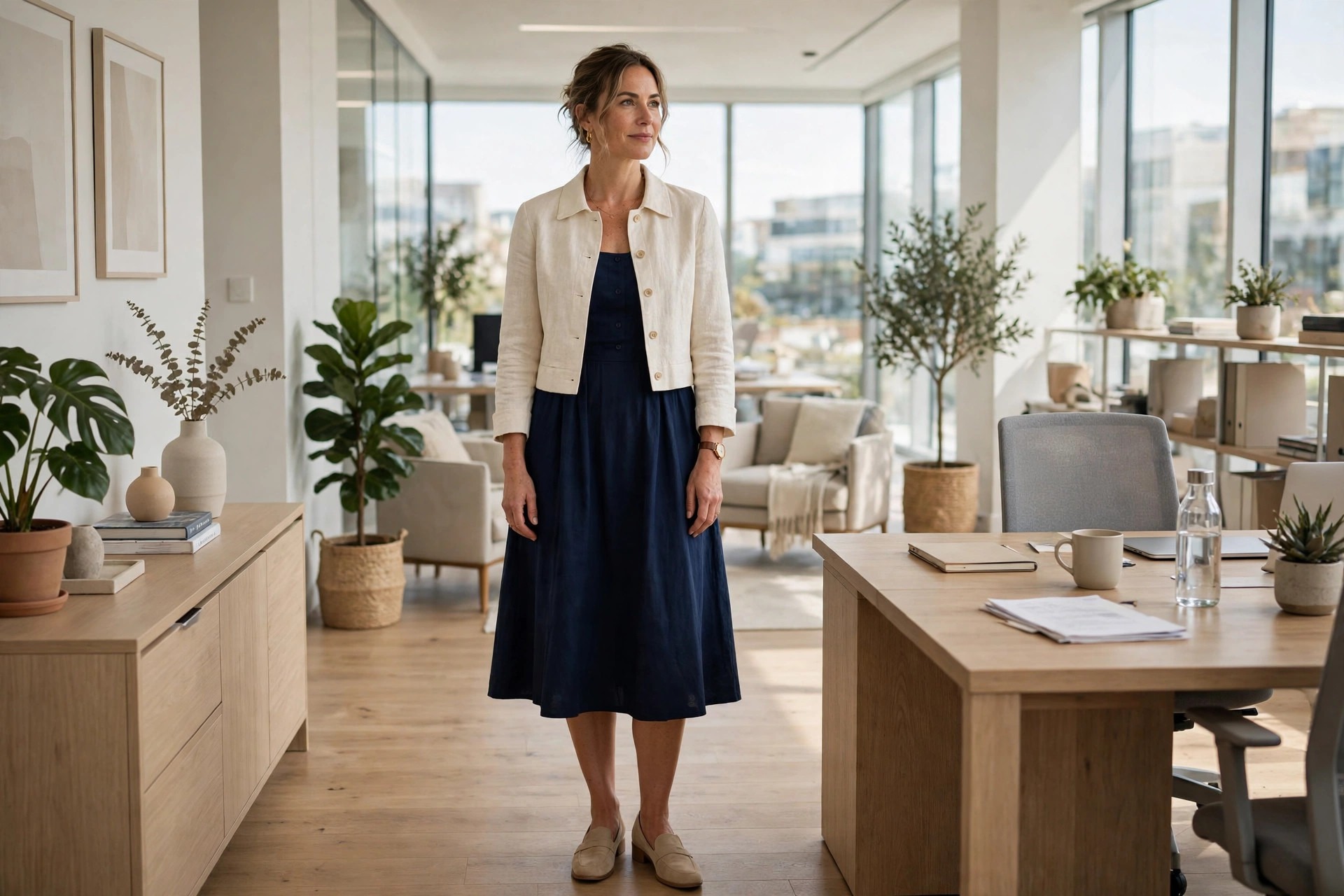 Woman wearing a cream cropped jacket over a navy fit and flare dress