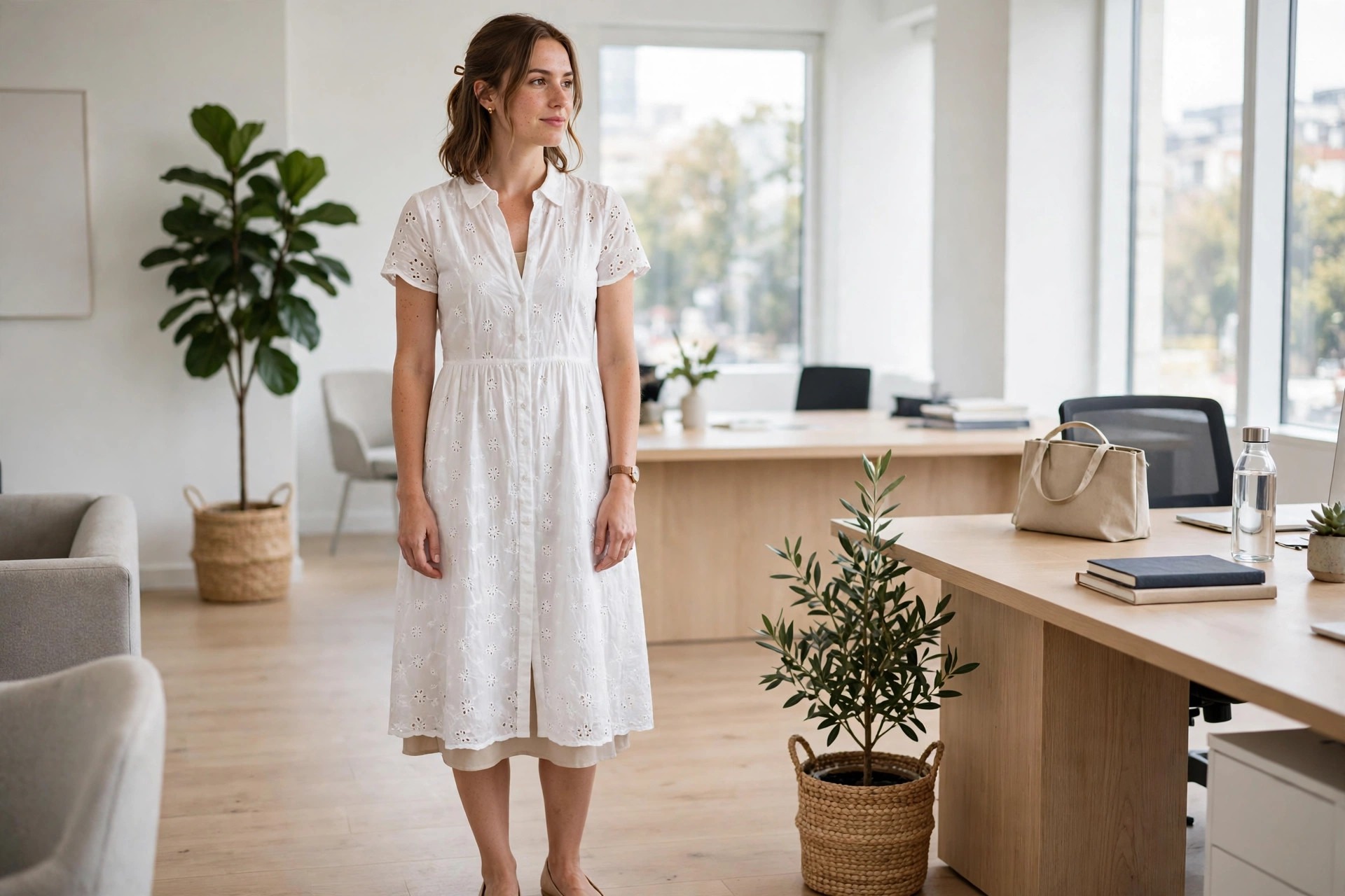 Woman wearing a white eyelet dress with an opaque slip underneath in an office