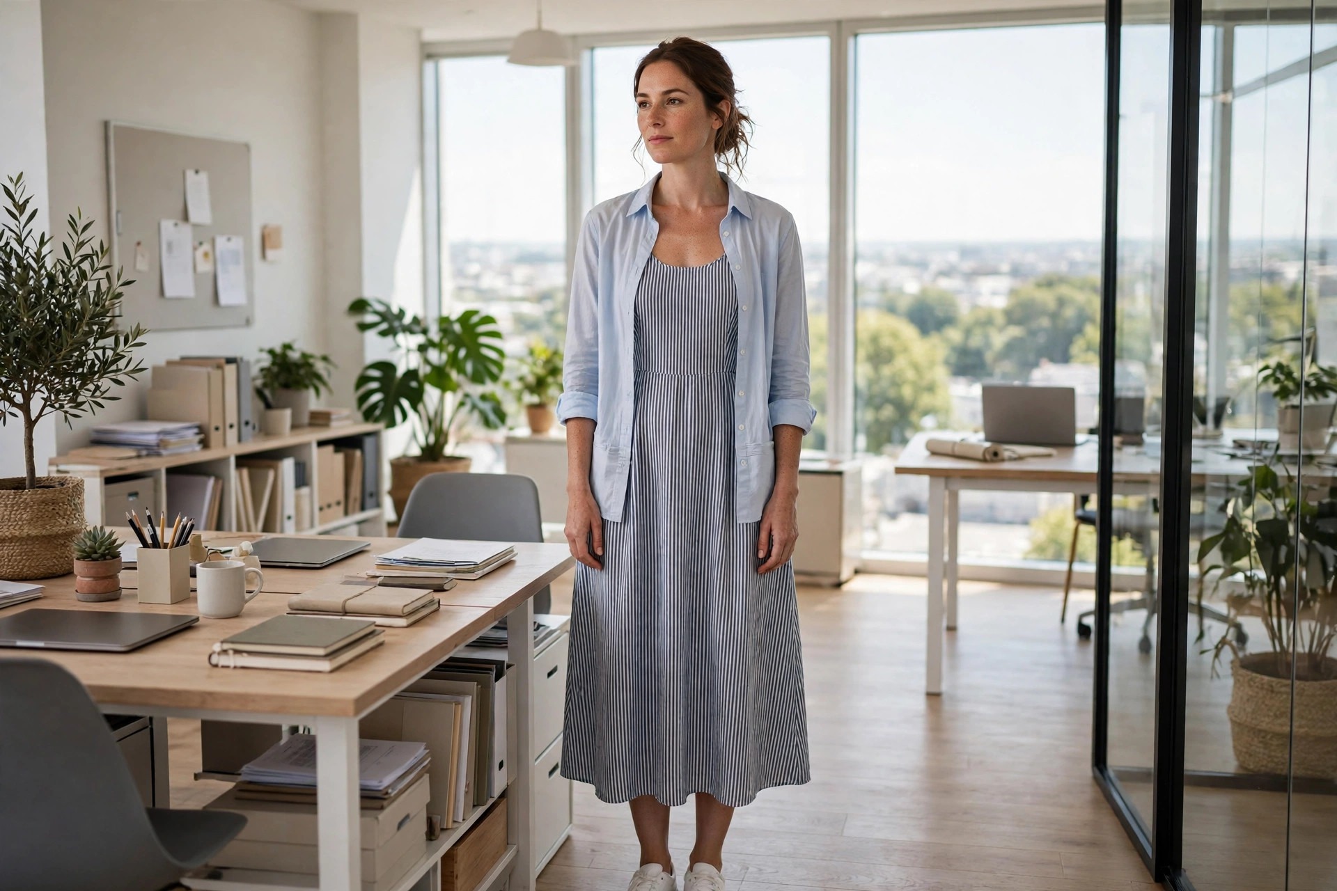 Woman wearing a pale blue shirt open over a striped midi dress