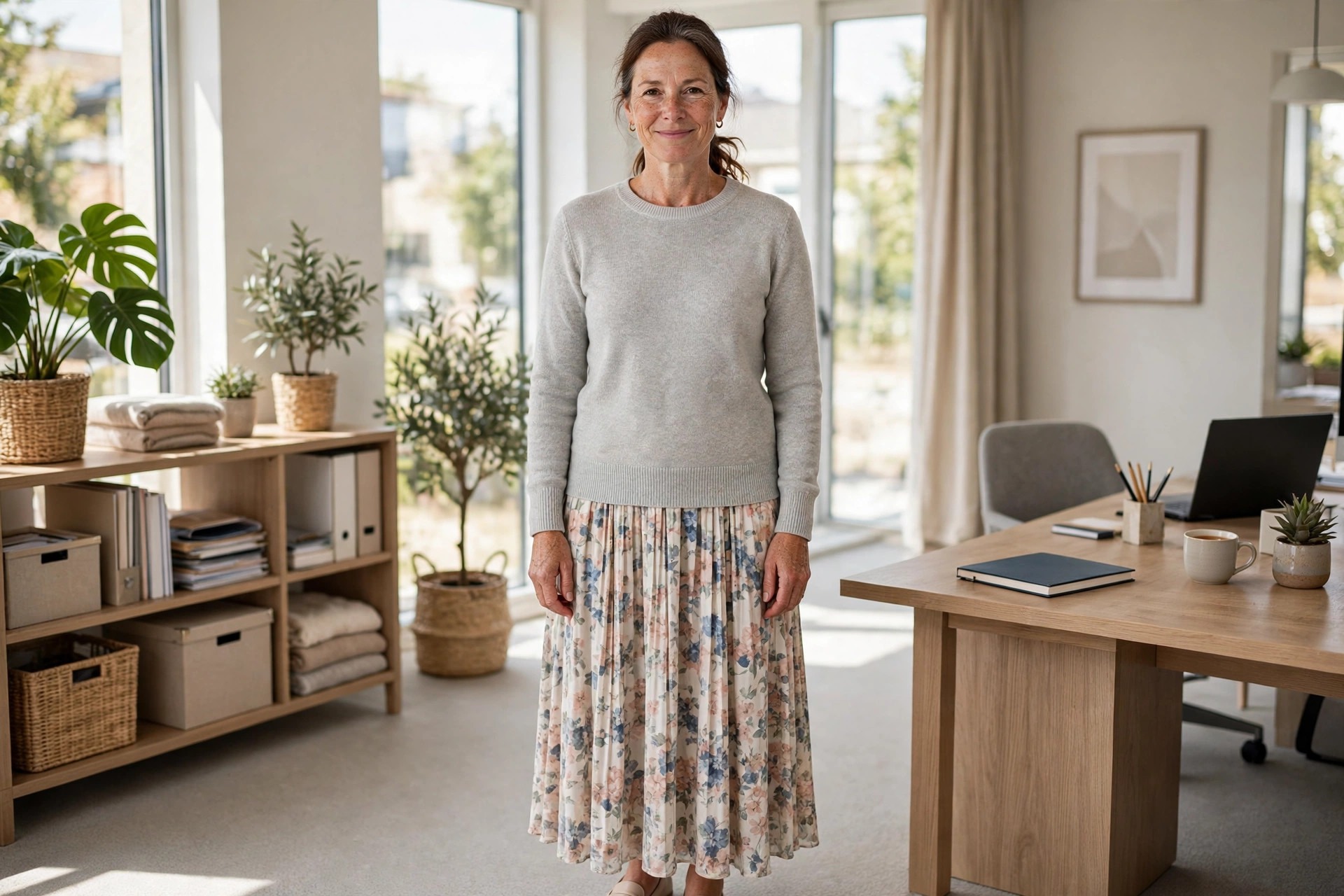 Woman wearing a short grey sweater over a floral midi dress
