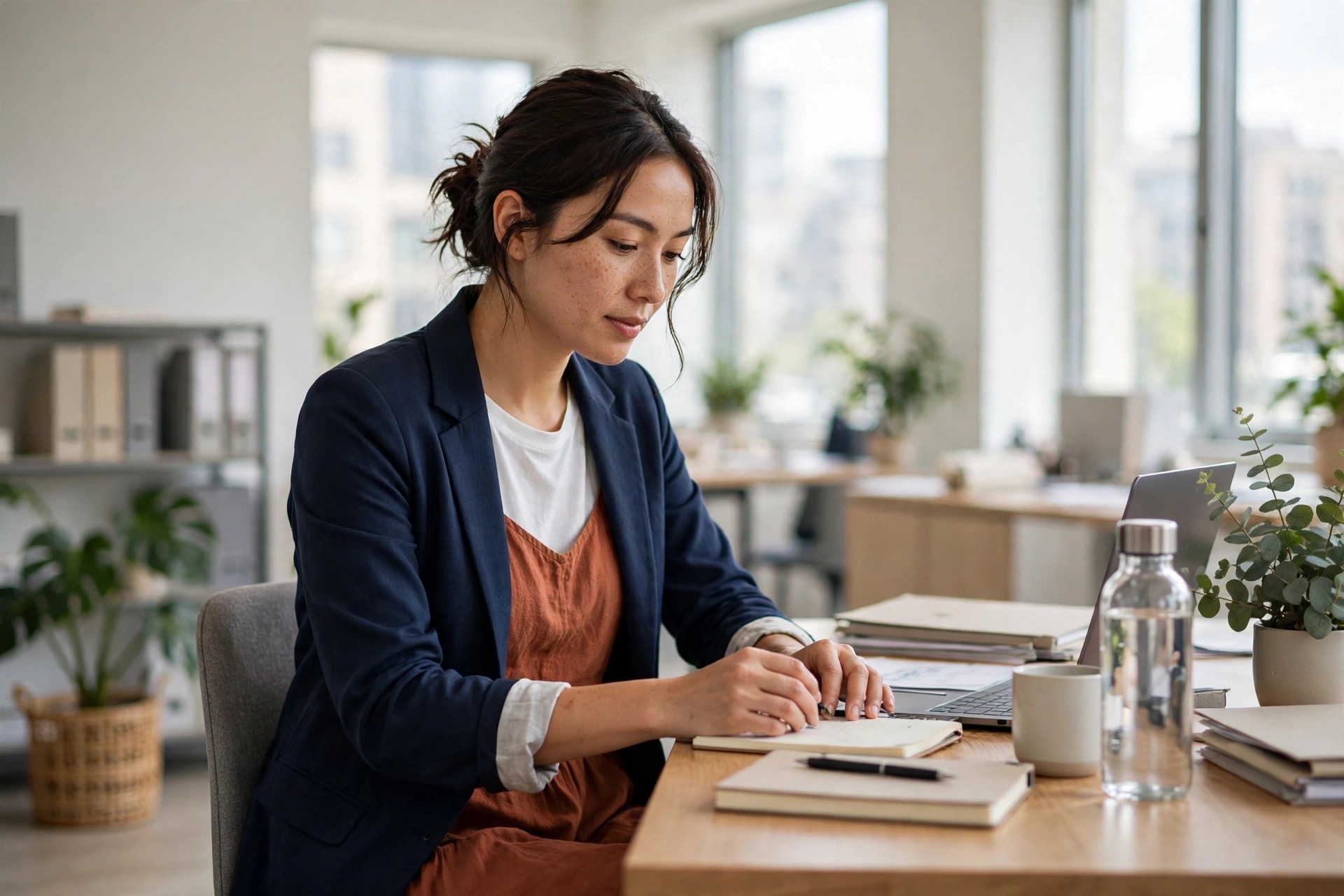 Woman wearing a tee under a rust sundress with a navy blazer at her desk