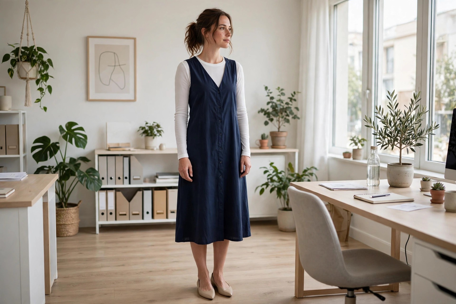 Woman wearing a navy sleeveless midi dress over a white long sleeve tee with pointed flats in a bright tidy office