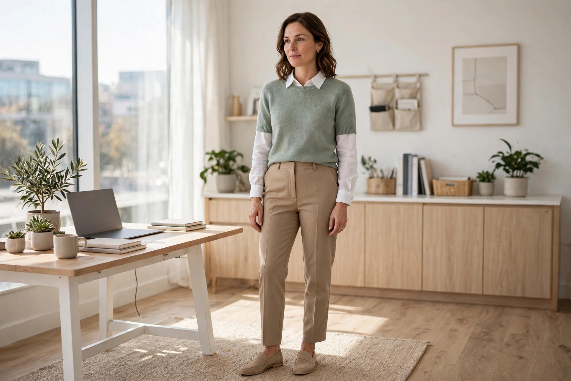 Woman wearing a sage short sleeve sweater over a white collared shirt with tan trousers and loafers in a bright office