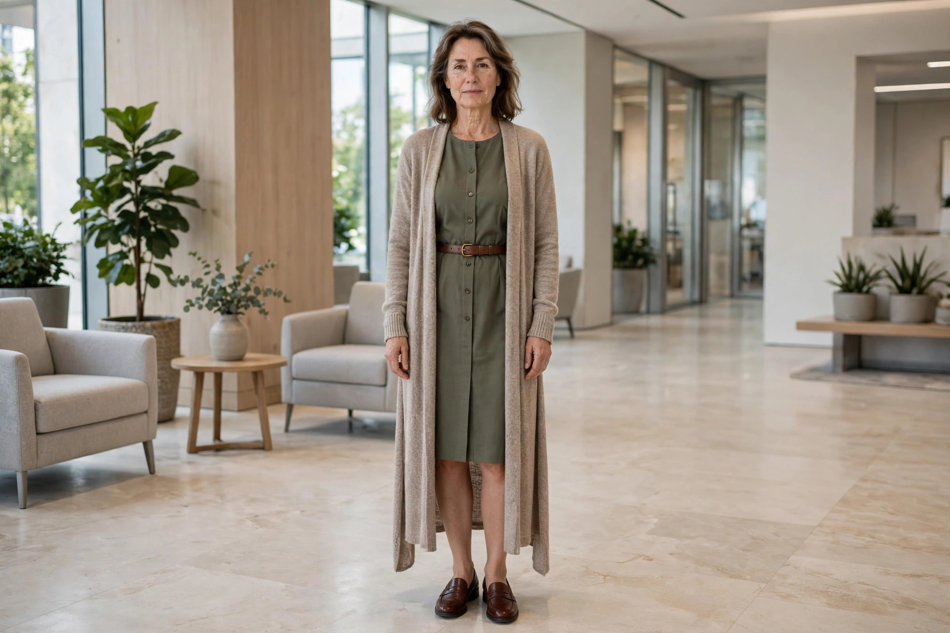Woman wearing an olive knee dress with a belt and a long beige duster cardigan with loafers in an office lobby