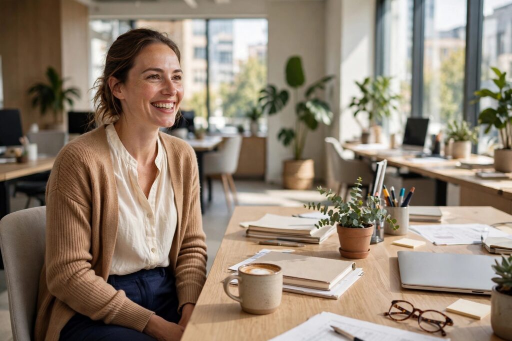 Woman wearing a cream blouse with a camel cardigan at her desk