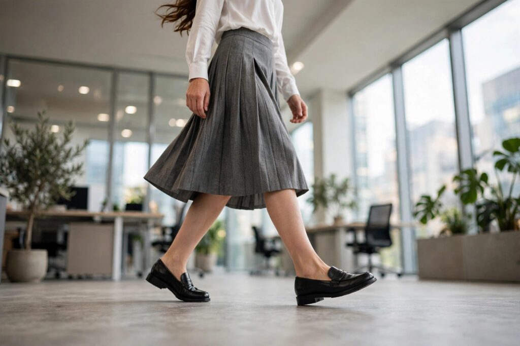 Woman in a gray skirt and white blouse walking in black loafers
