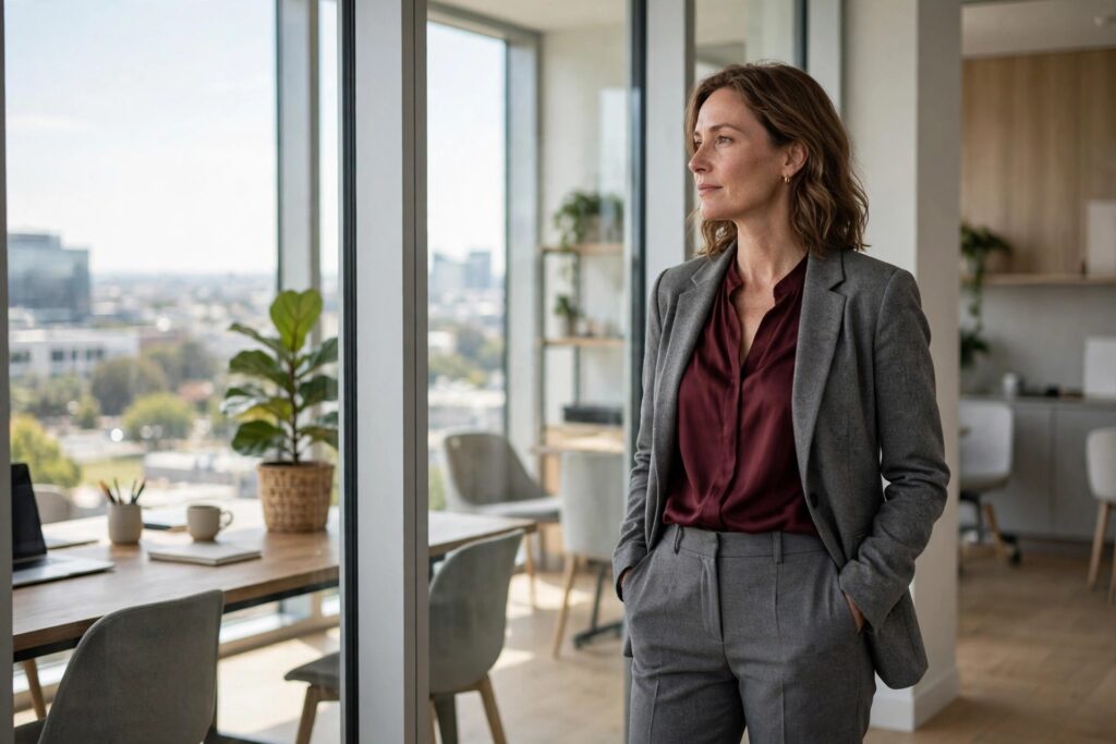 Woman in a burgundy blouse with a gray blazer and trousers by an office window