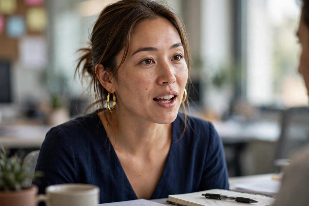 Woman in a navy top wearing large gold hoop earrings in a meeting