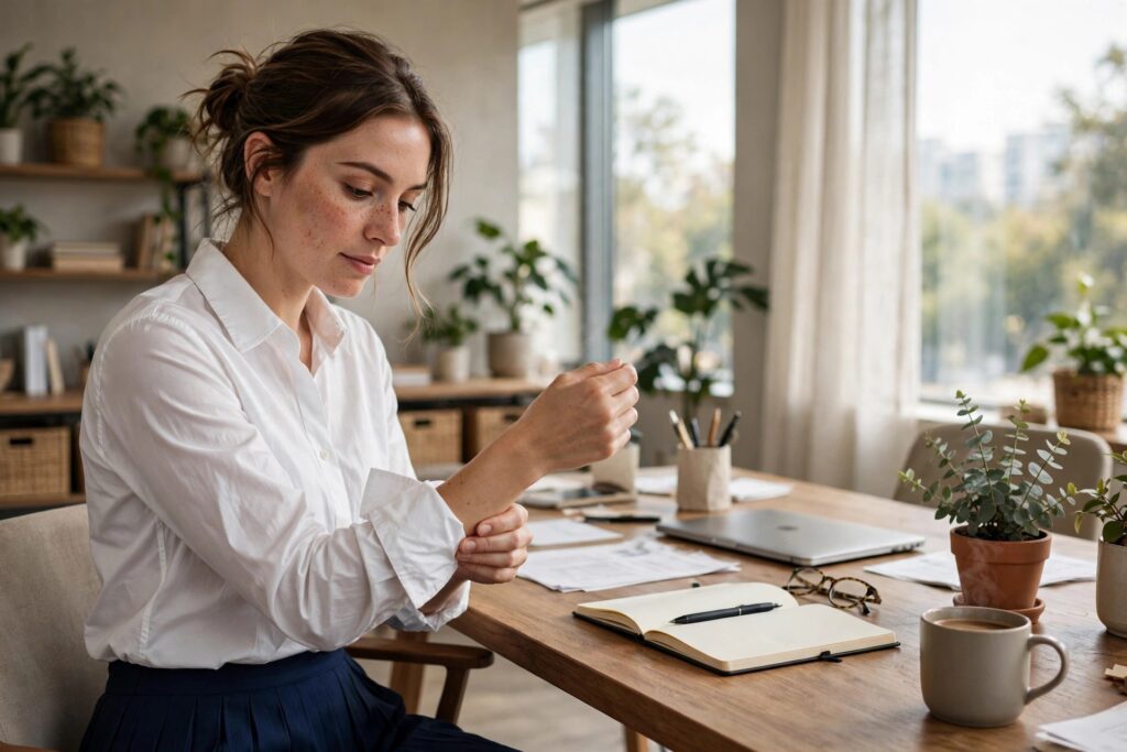 Woman rolling her white shirt cuffs at an office desk