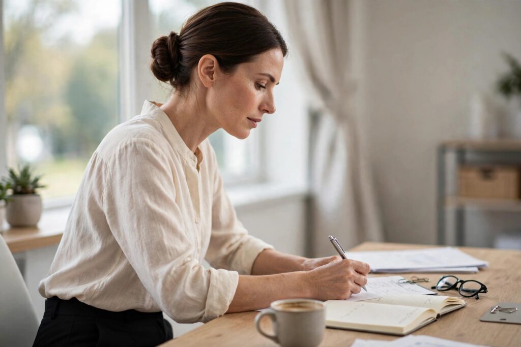 Woman in a cream blouse with her hair in a low bun writing at a desk