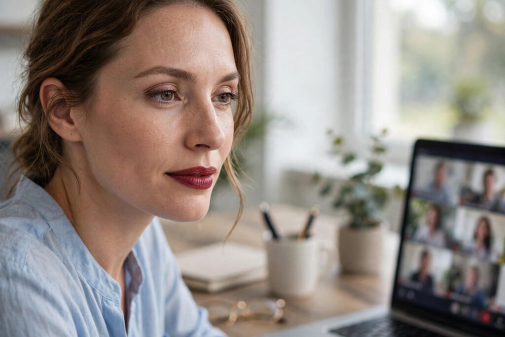 Woman in a light blue blouse with berry lipstick on a video call