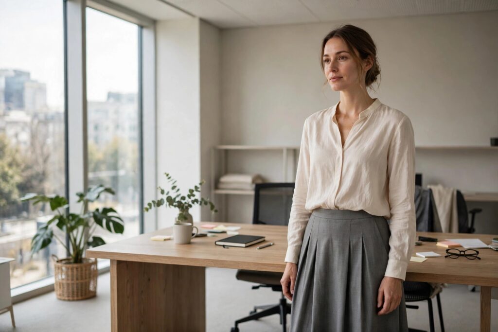 Woman wearing a cream blouse with a gray midi skirt by her desk