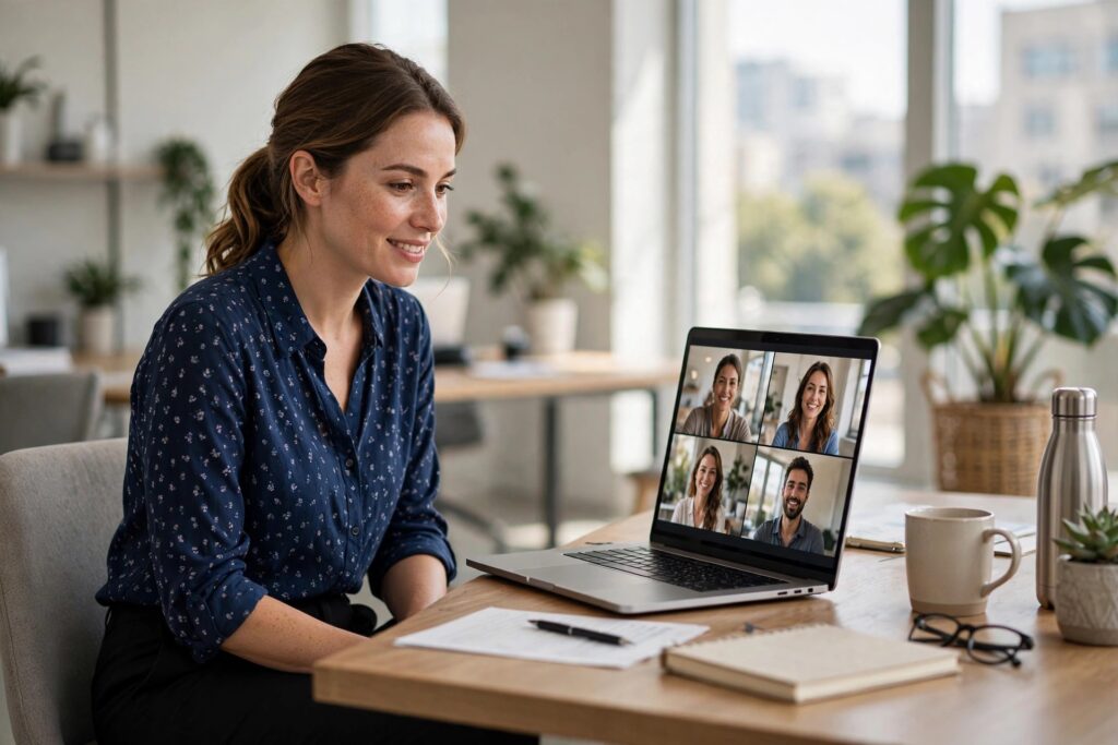 Woman in a navy patterned blouse on a video call with colleagues on screen
