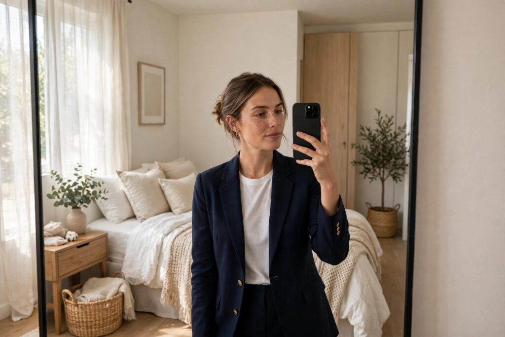 Woman in a navy blazer taking a mirror photo of her outfit at home