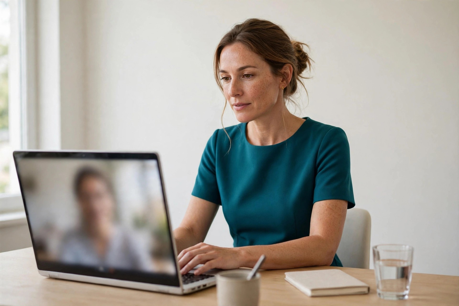 Woman in a teal sheath dress on a video call at a home desk