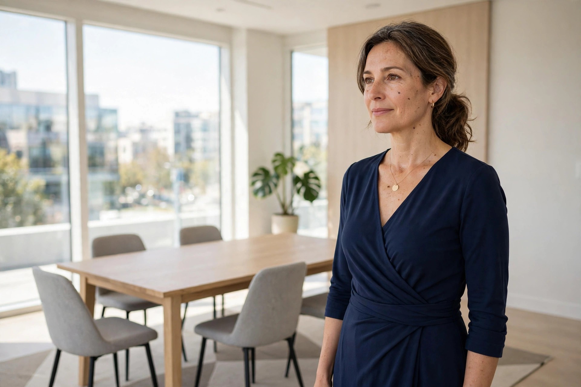 Woman in a navy wrap dress with a pendant necklace in a meeting room