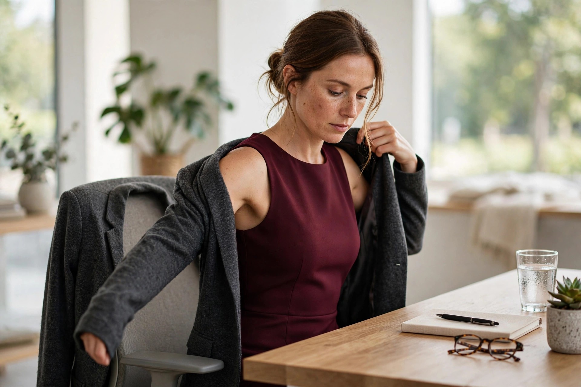 Woman putting on a charcoal blazer over a burgundy sleeveless sheath dress at her desk