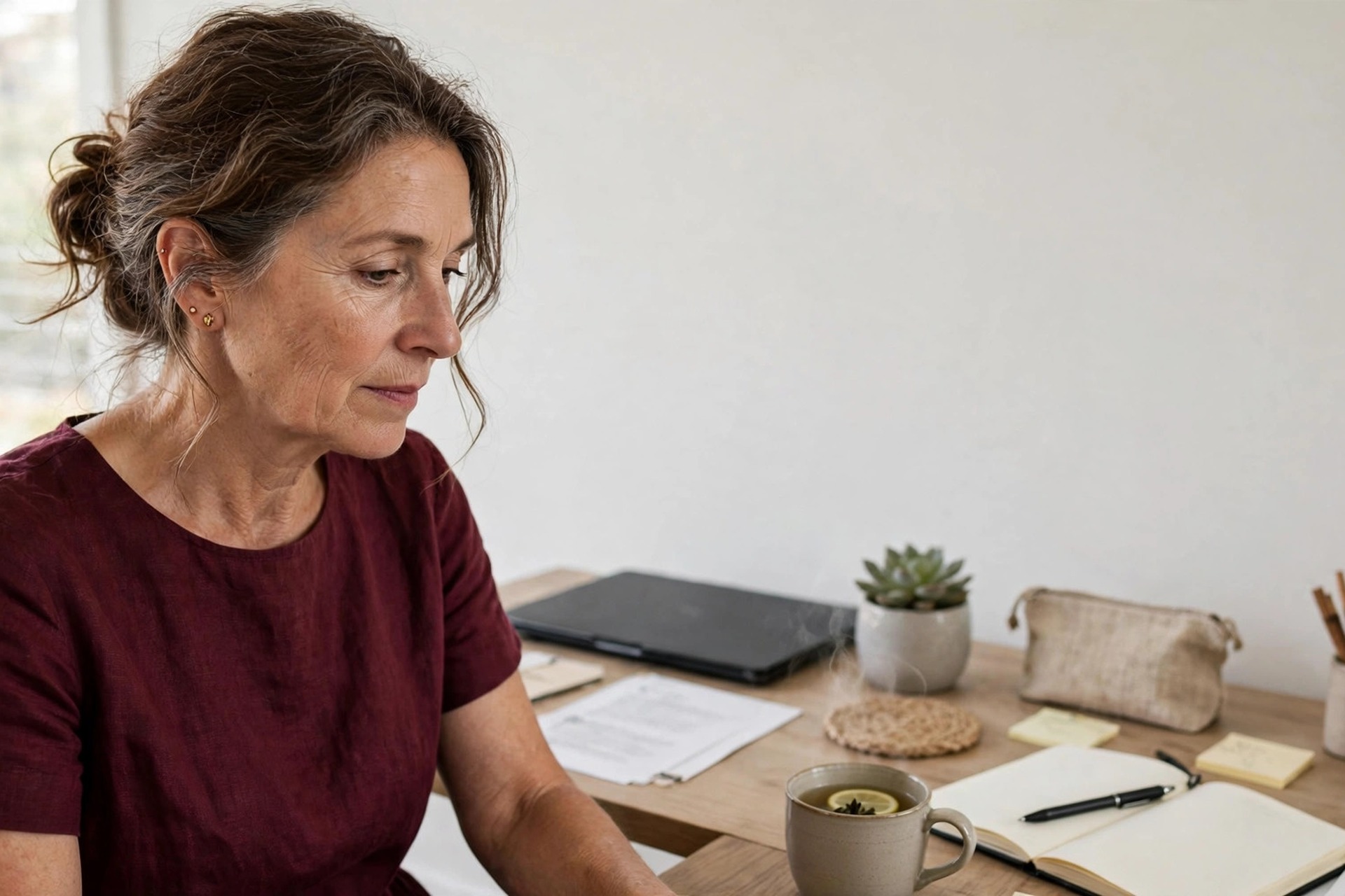 Woman in a deep burgundy shift dress with short sleeves at a home office desk against a plain white wall