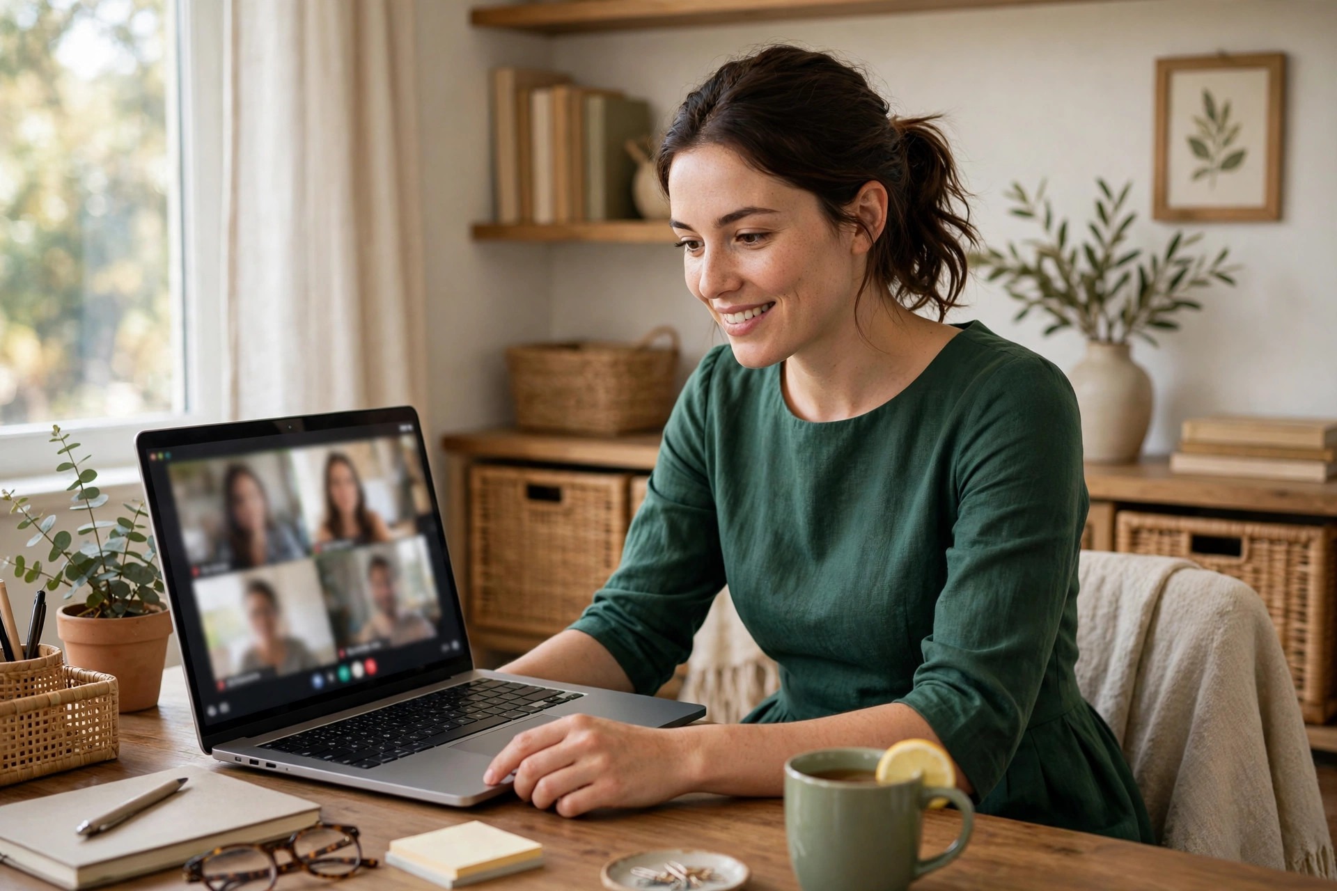 Woman in a solid forest-green fit-and-flare dress with elbow sleeves on a video call at a home desk