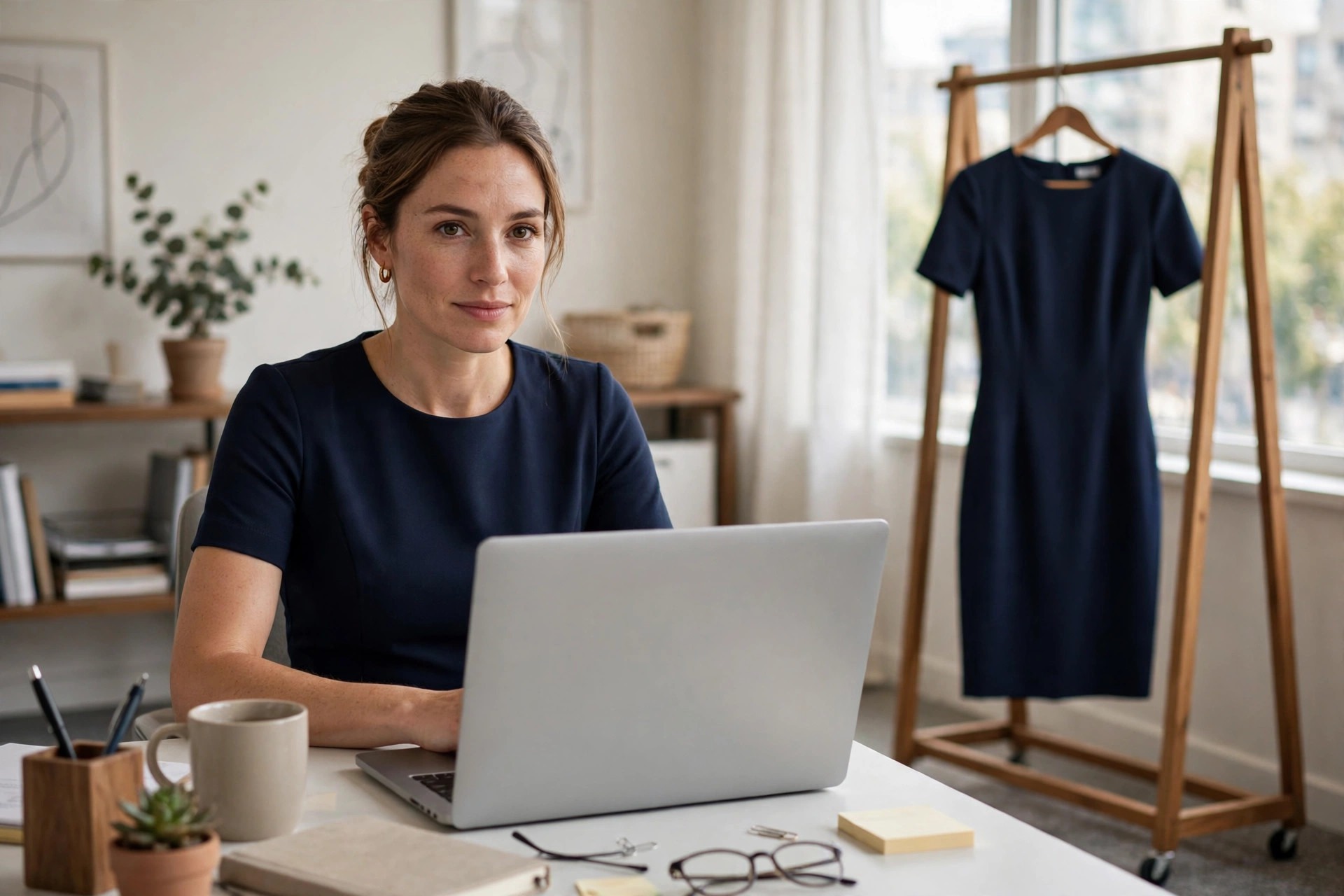 Woman in a navy sheath dress seated at an office desk, a navy shift dress on a rack beside her