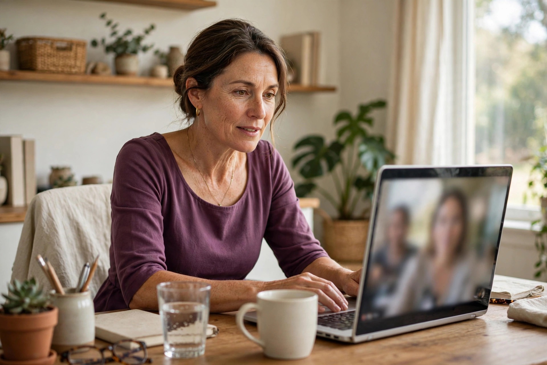 Woman in a plum A-line dress with three-quarter sleeves and a scoop neckline on a video call at home