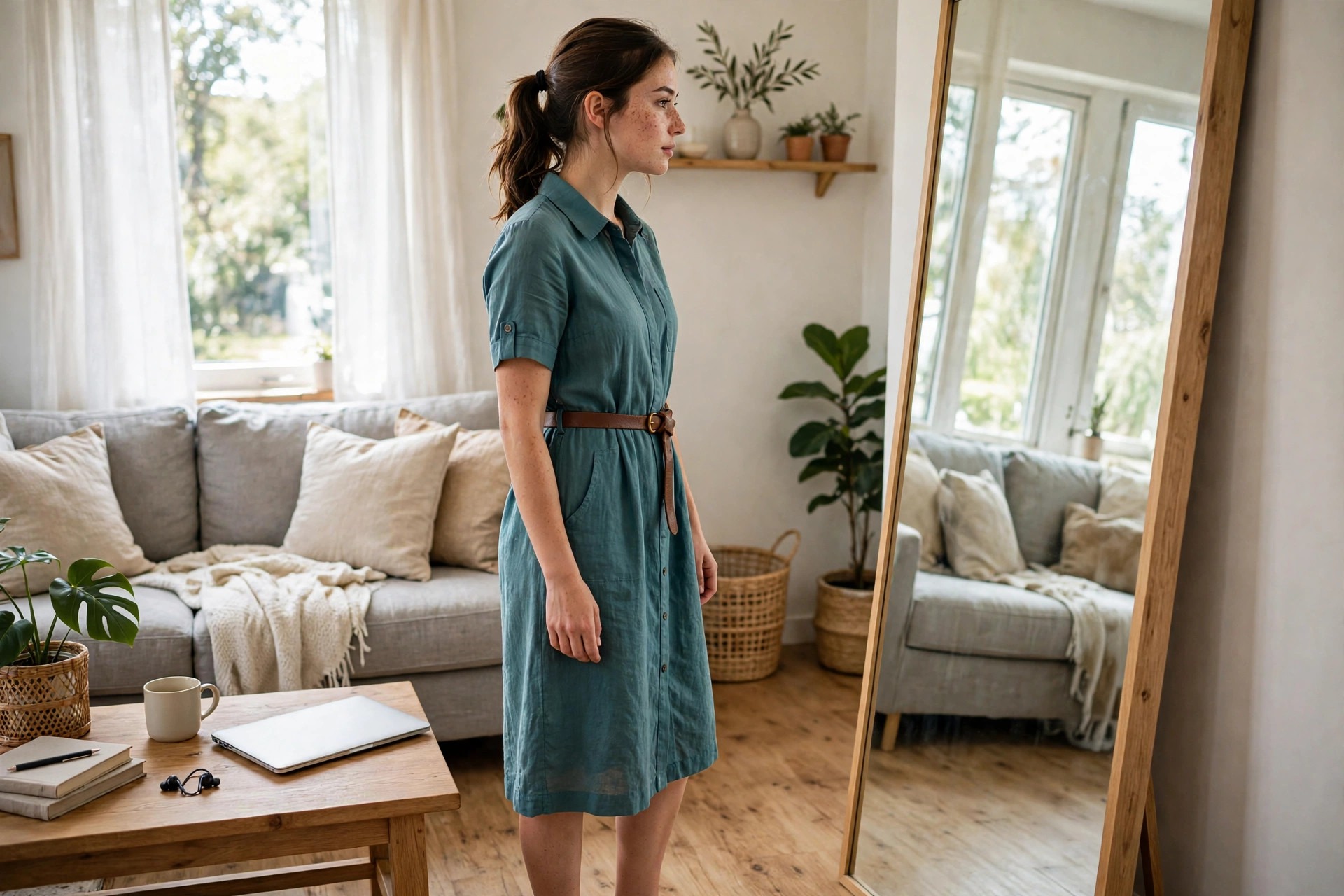 Woman in a knee-length teal shirt dress with a belt standing by a mirror at home