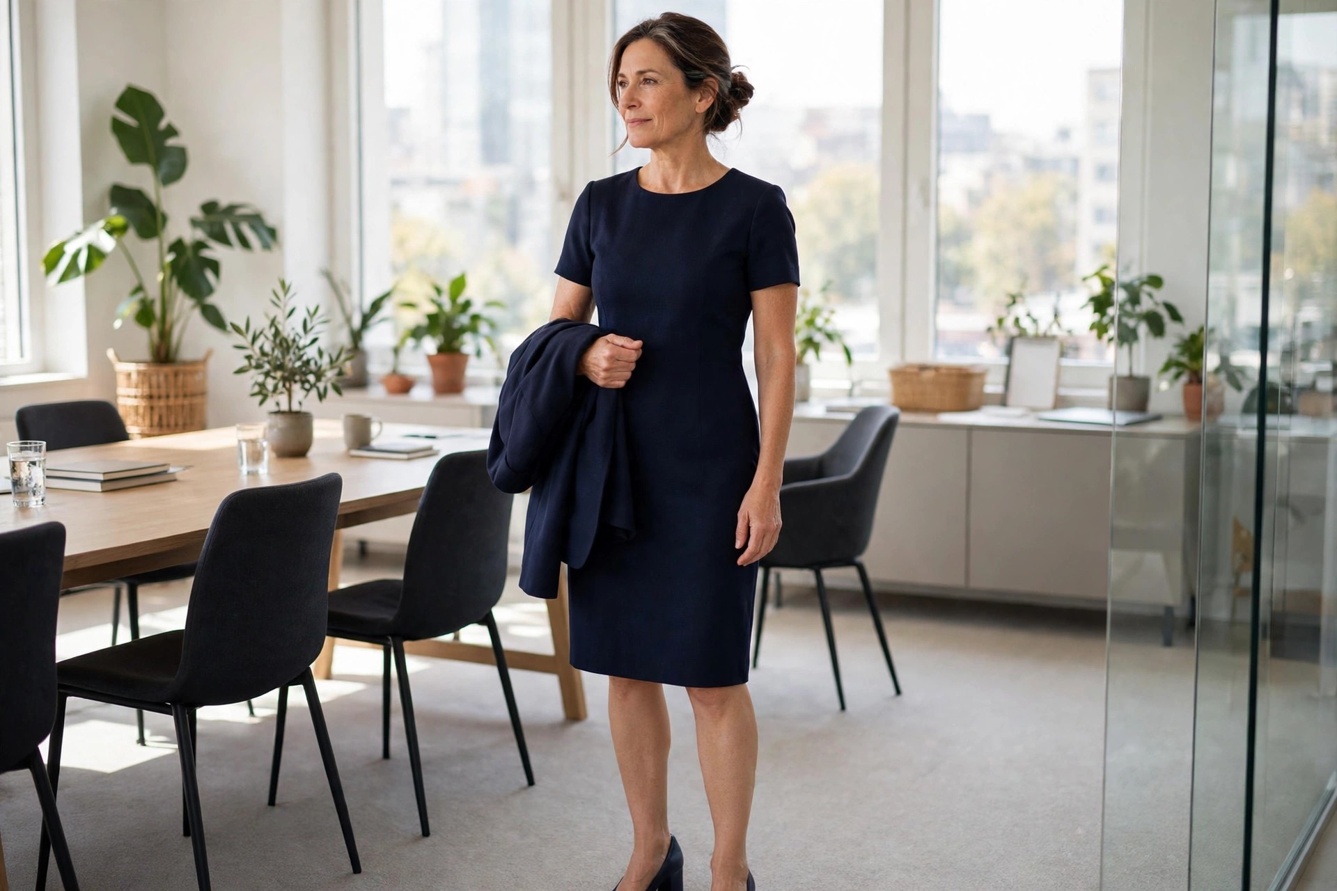 Woman in a navy sheath dress with a matching navy blazer over one arm in a meeting room