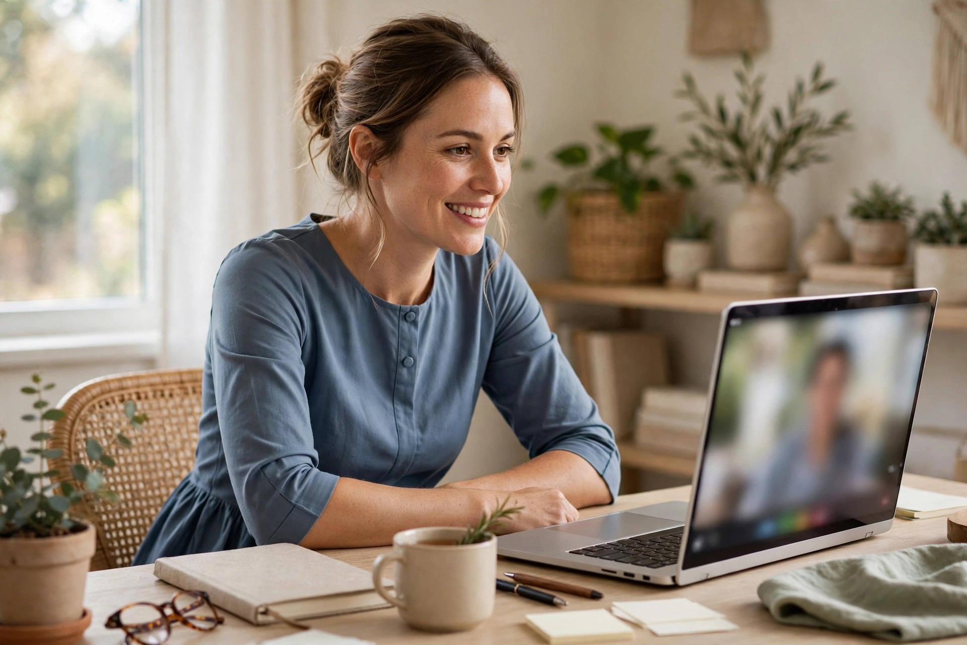 Woman in a dusty-blue fit-and-flare dress with elbow sleeves on a video call in a bright home office