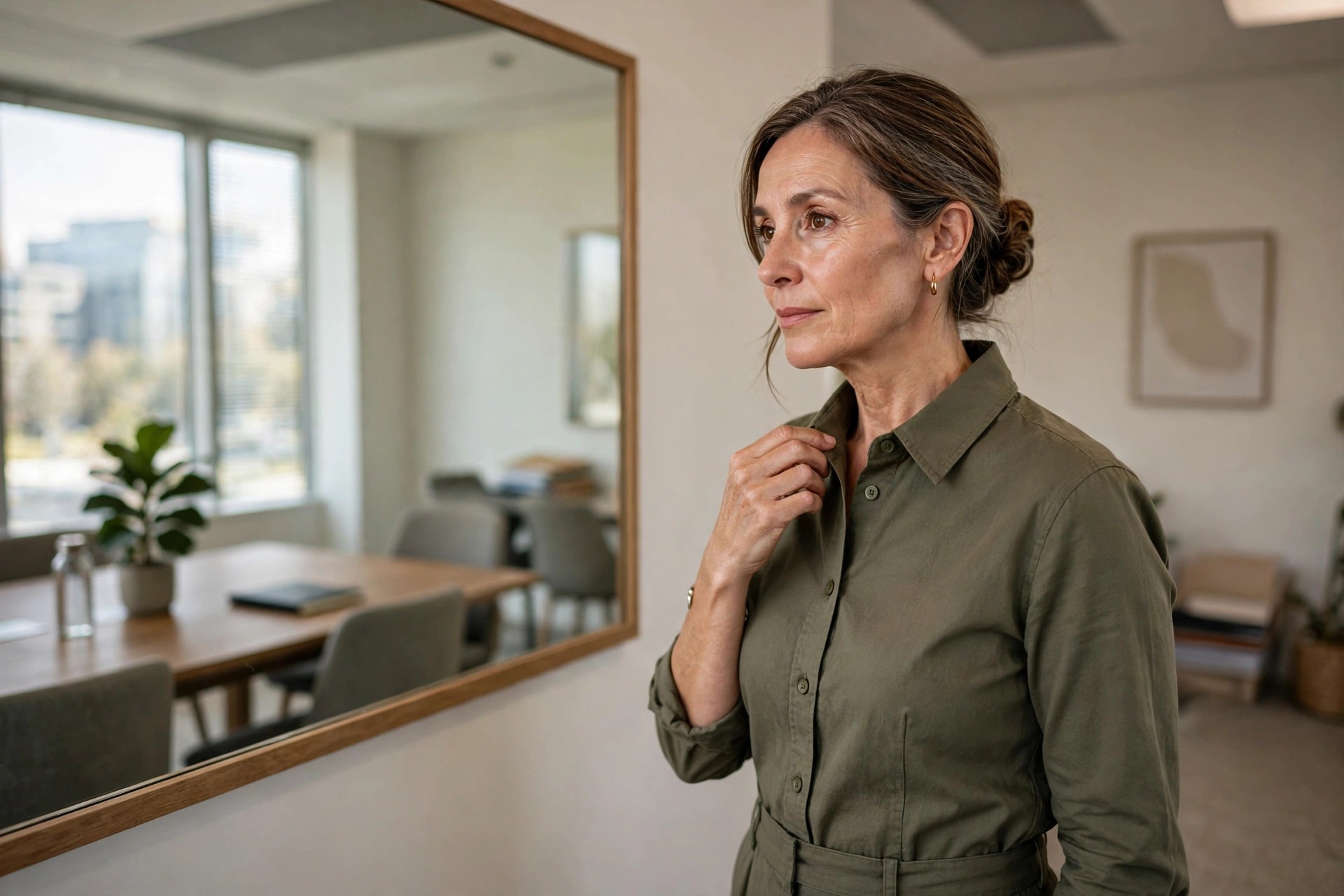 Woman in an olive cotton-blend shirt dress with a firm collar checking her collar in a meeting room mirror