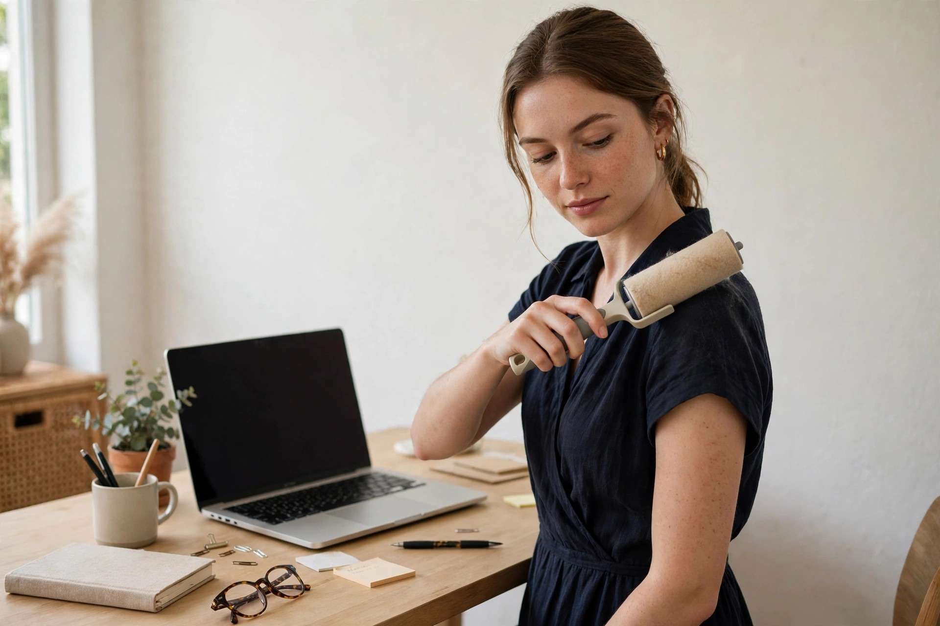 Woman in a dark dress using a lint roller on her shoulder at a home desk before a call