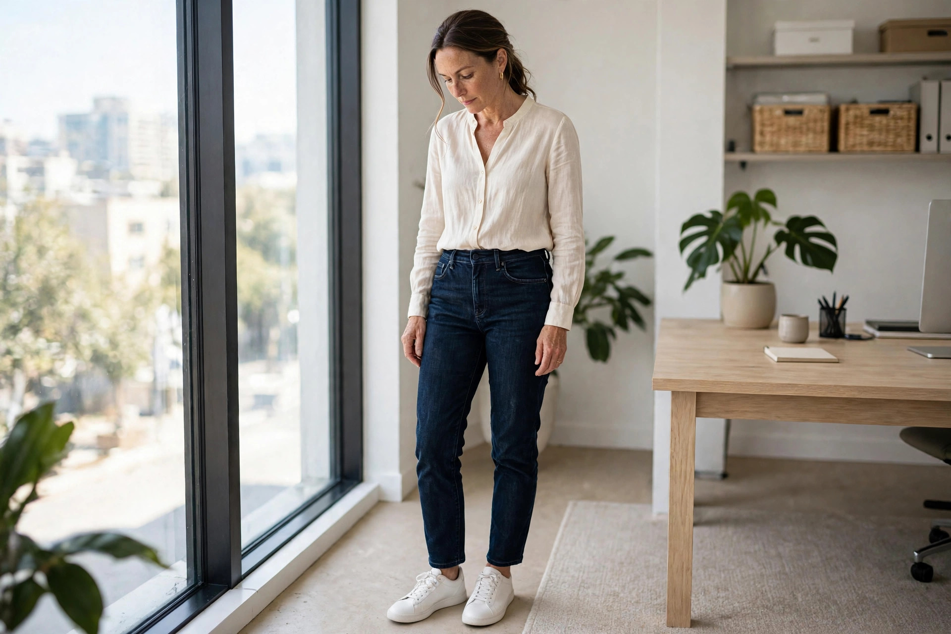 Woman in dark indigo jeans and a cream blouse by an office window
