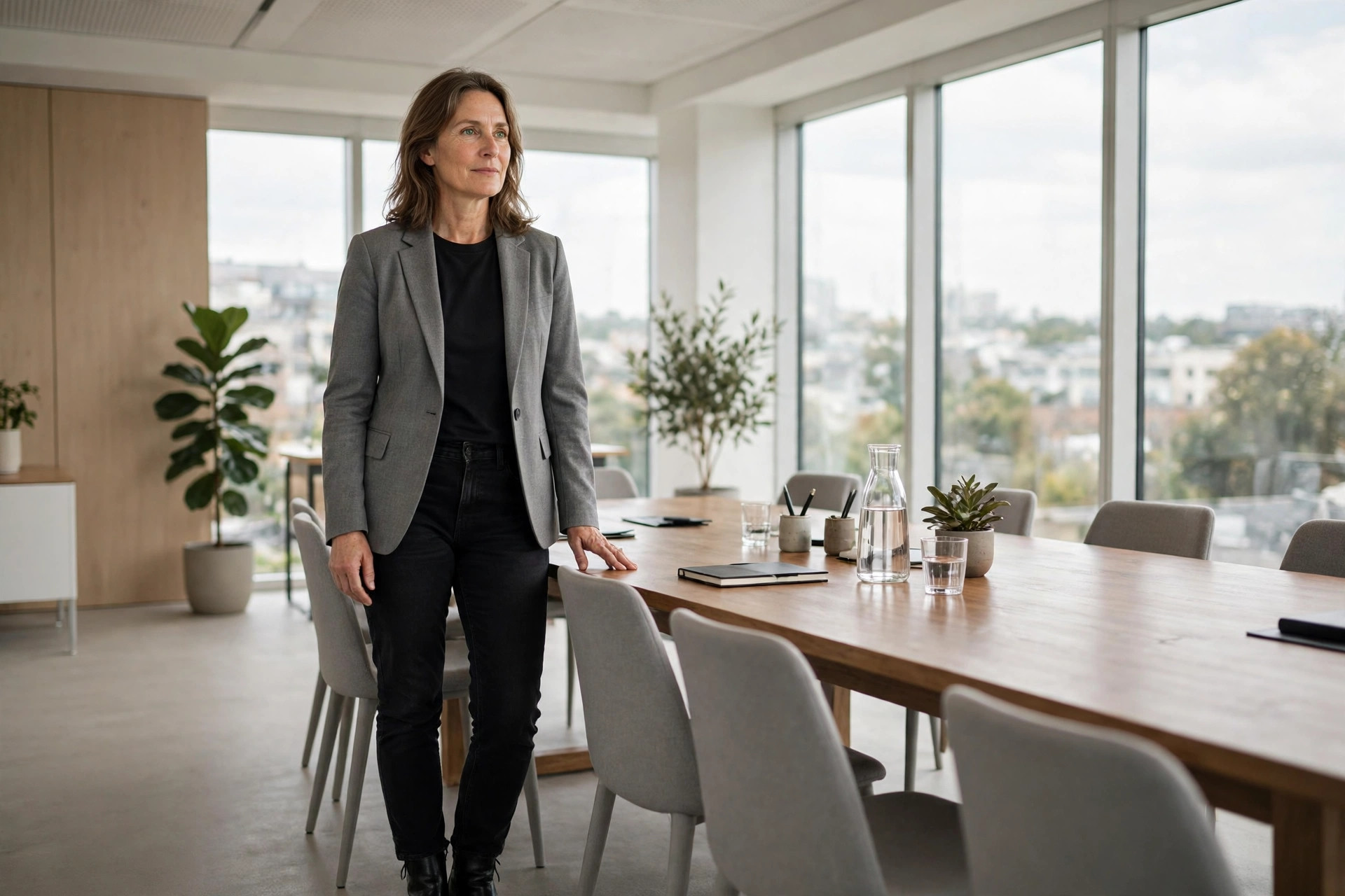 Woman in clean black jeans and a gray blazer in a meeting room