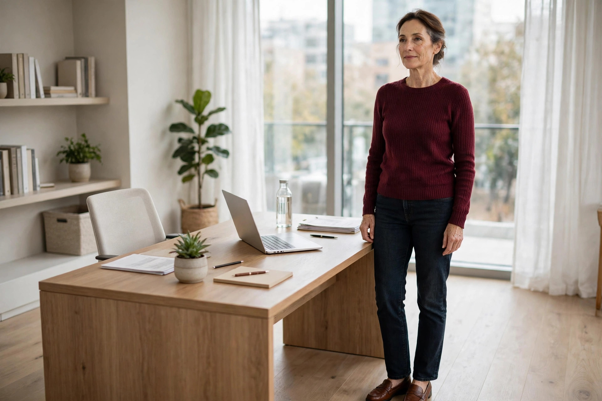 Woman in straight leg jeans, a burgundy knit and brown loafers