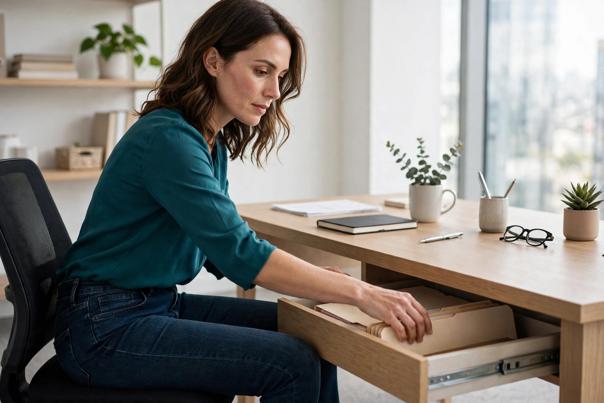 Woman seated at her desk in jeans that stay in place at the waist