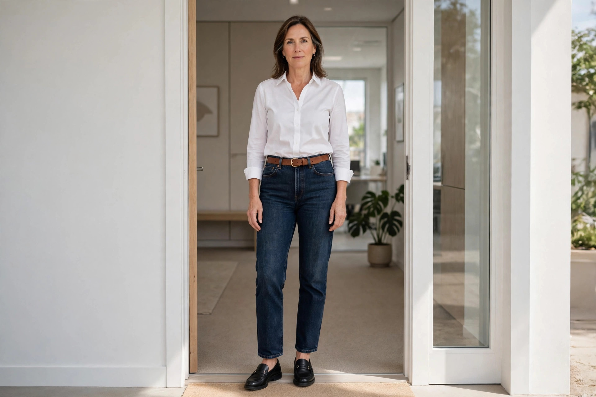 Woman in ankle length jeans and loafers standing in an office doorway