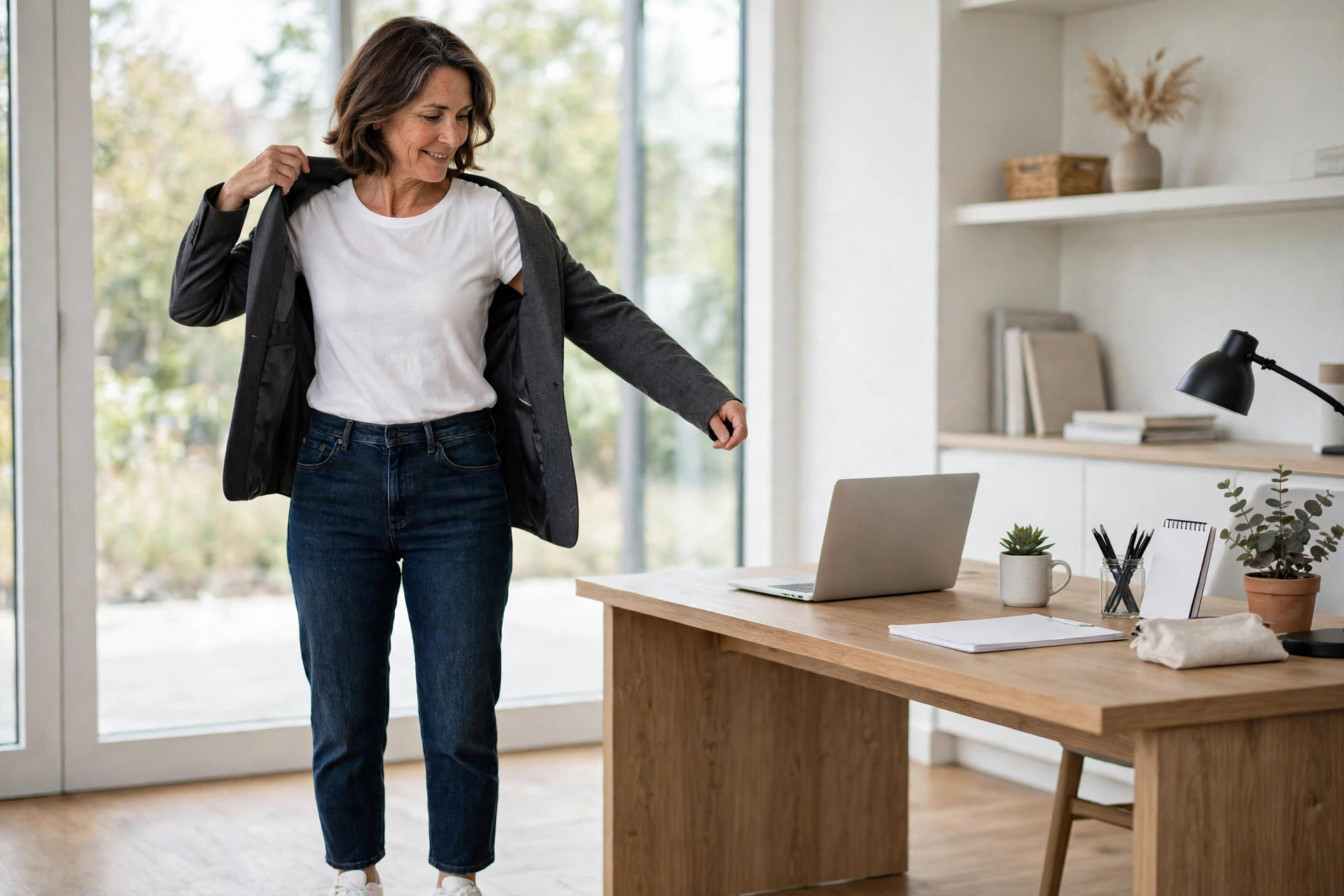 Woman putting on a charcoal blazer over a white top and dark jeans