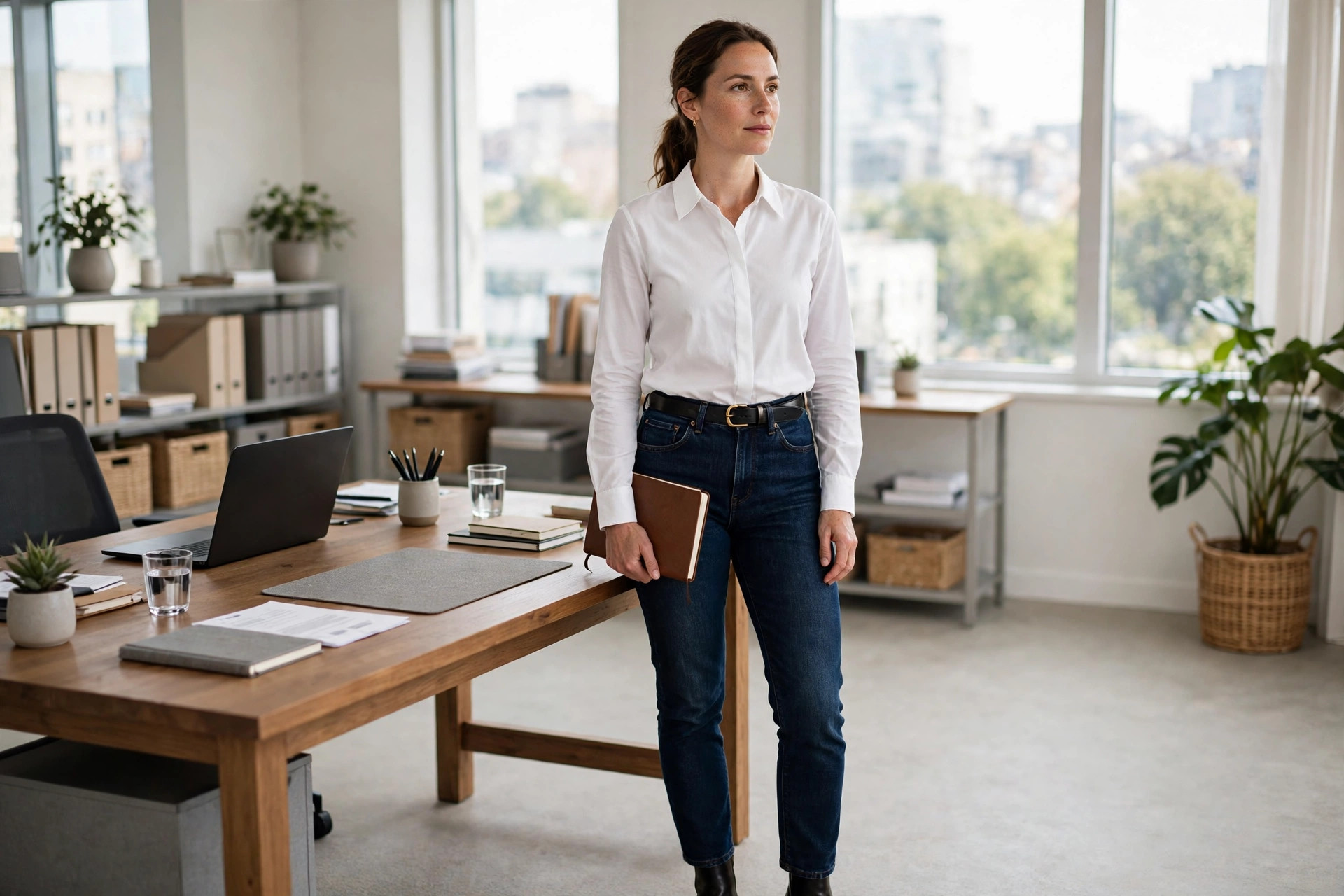 Woman in a tucked white collared shirt, black belt and dark jeans holding a notebook