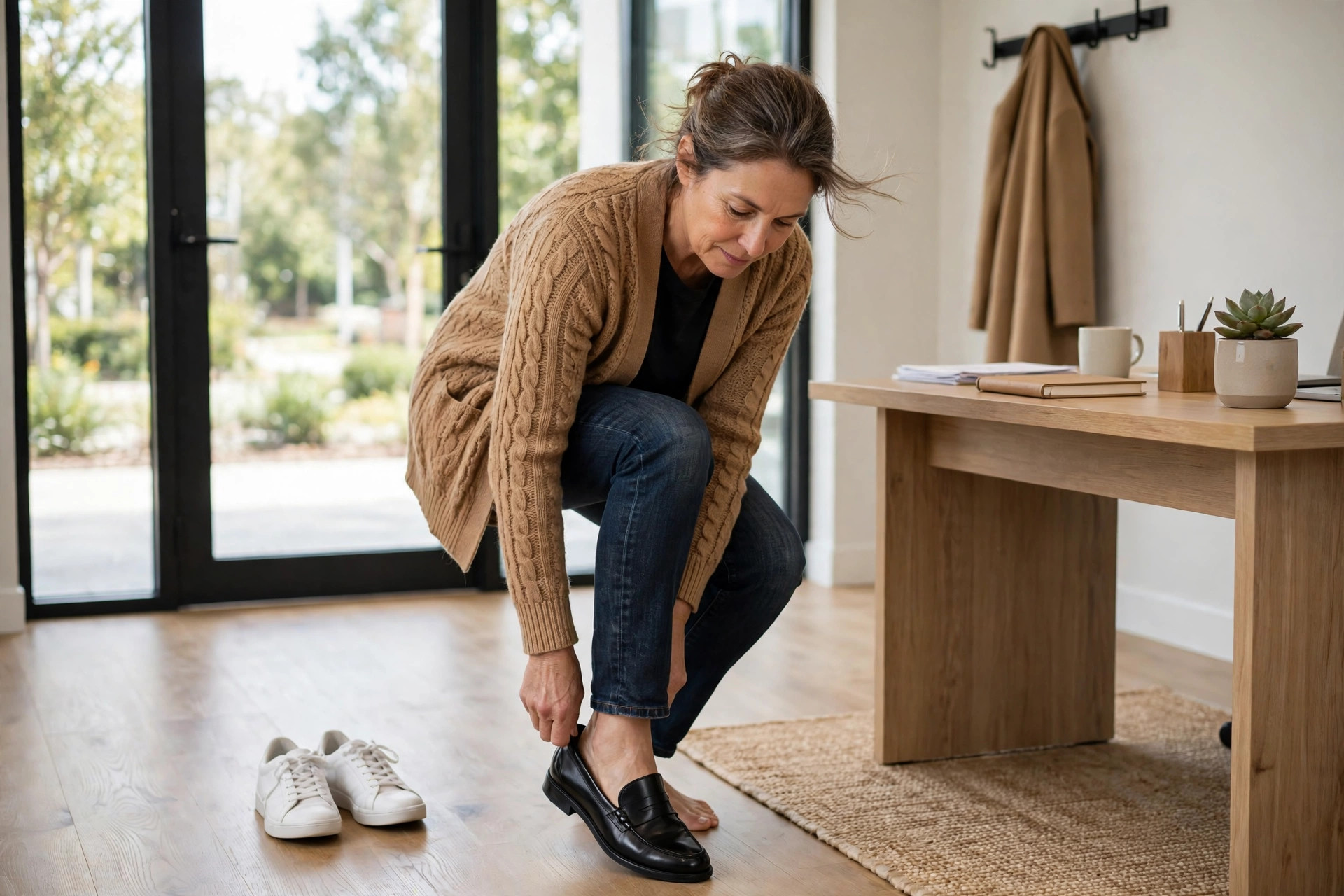 Woman slipping on a loafer with her sneakers set aside
