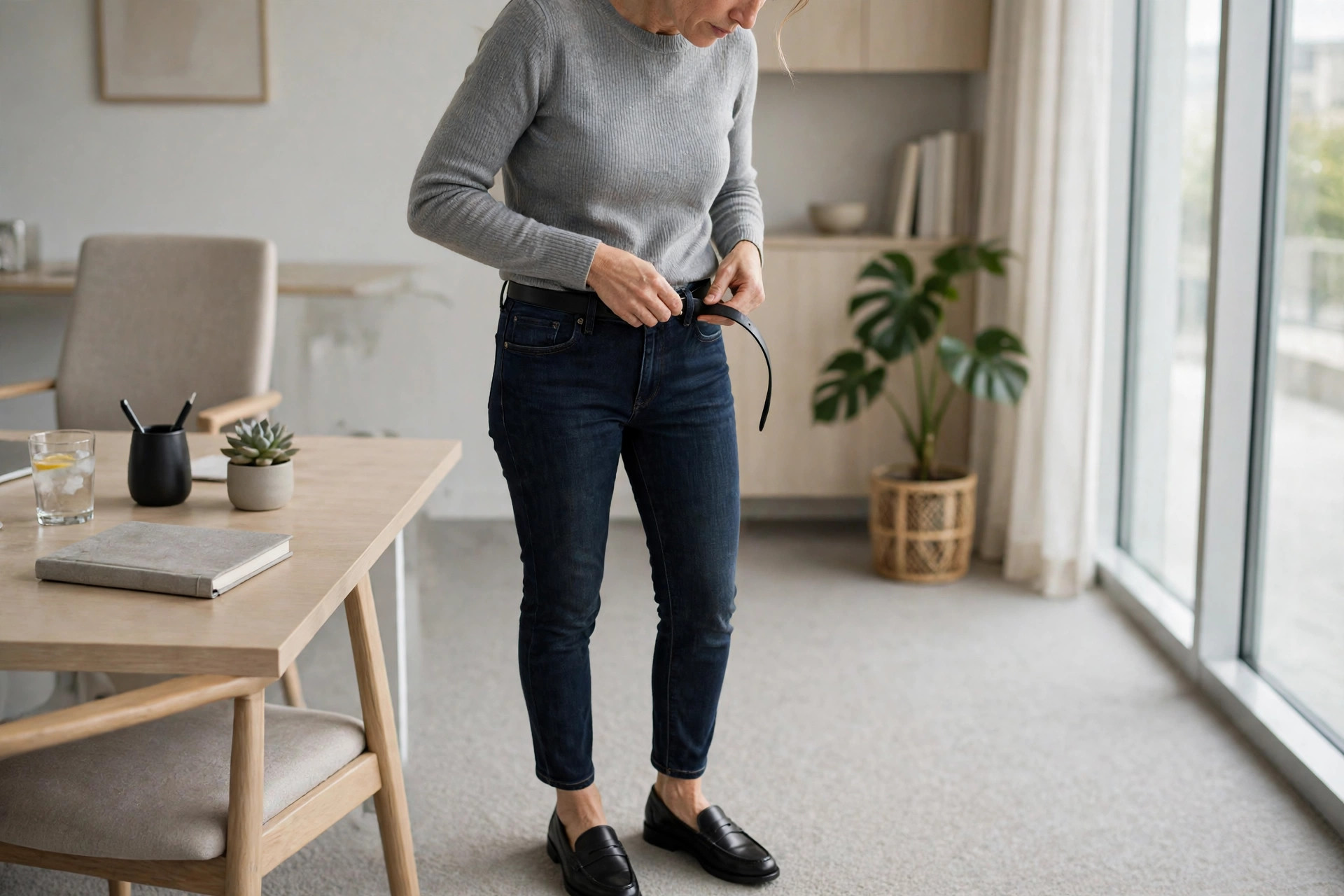 Woman threading a black belt through her jeans to match her loafers