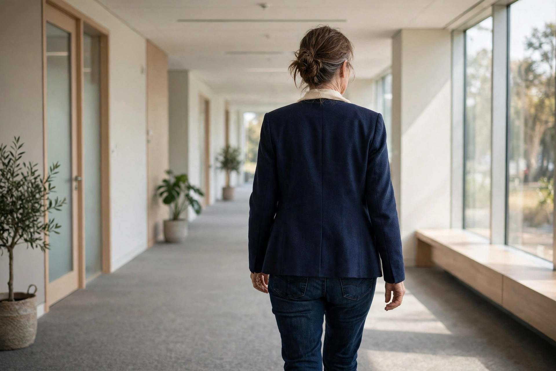 Rear view of plain back pockets and quiet stitching on dark jeans in an office corridor