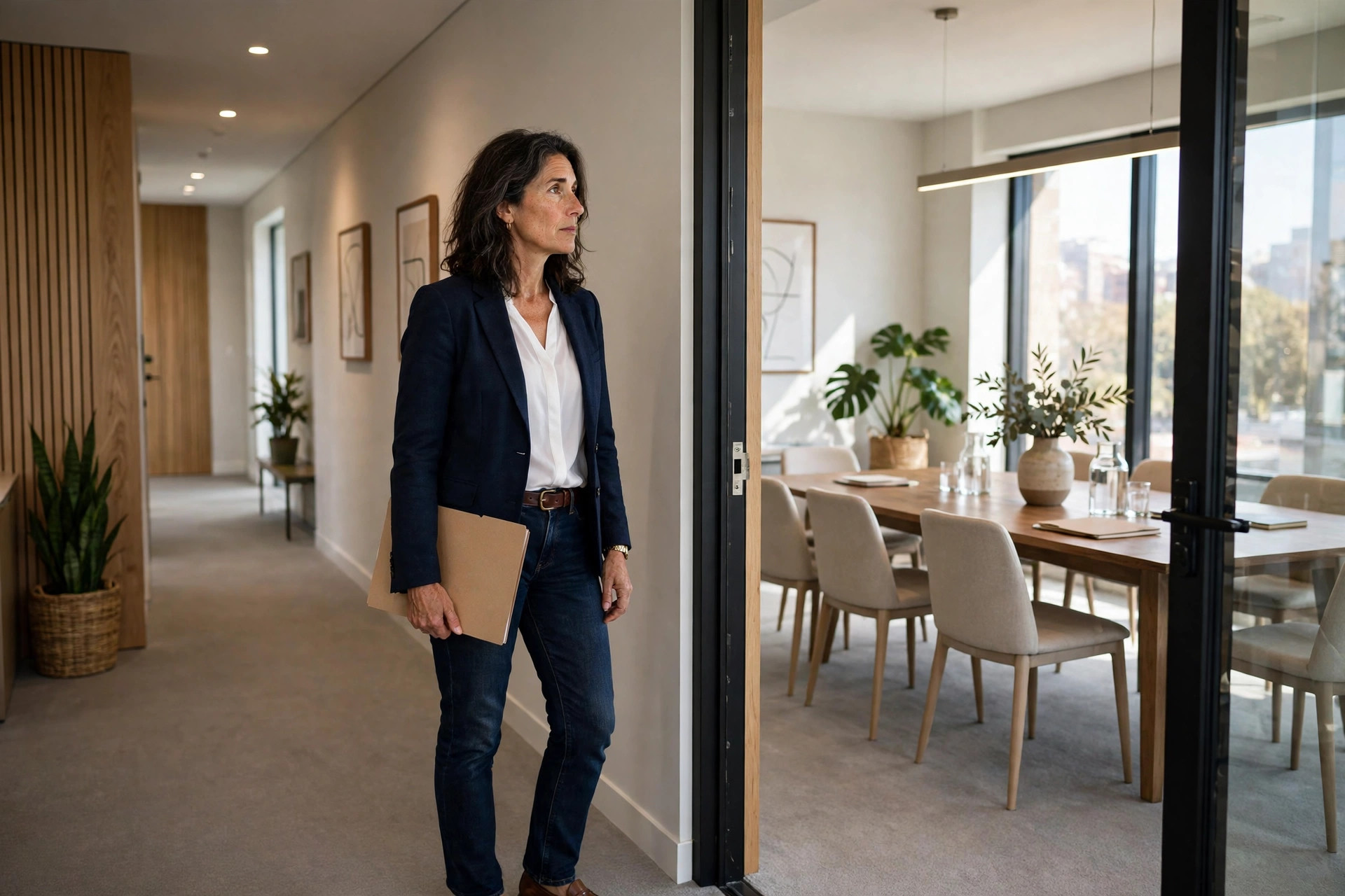 Woman pausing at a meeting room door in a blazer and jeans holding a folder