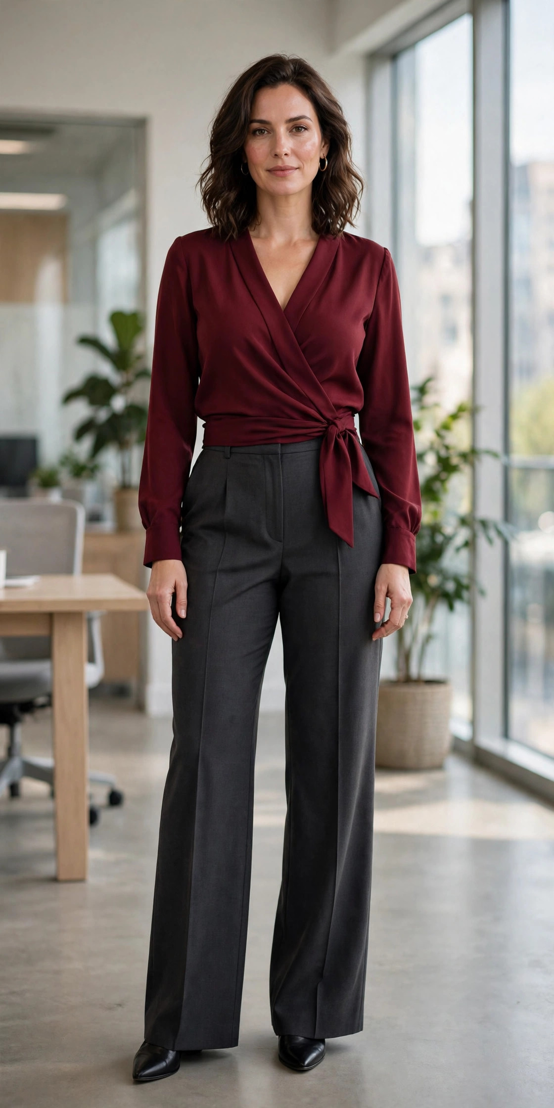 Woman with a large bust wearing a burgundy wrap blouse and charcoal wide-leg trousers, a flattering office outfit for a full bust