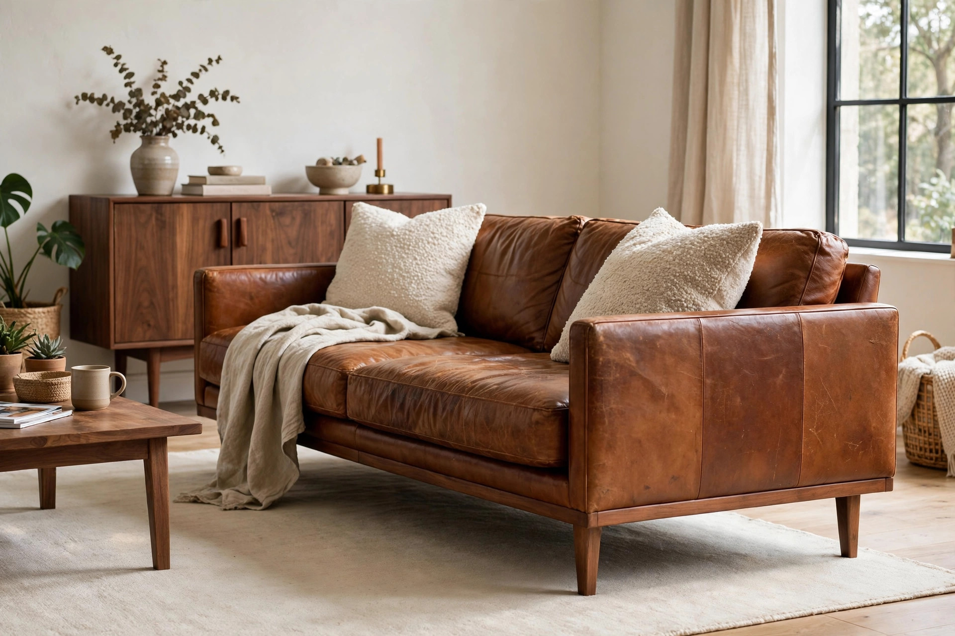 Modern brown living room with a low-profile cognac leather sofa, cream rug and walnut sideboard