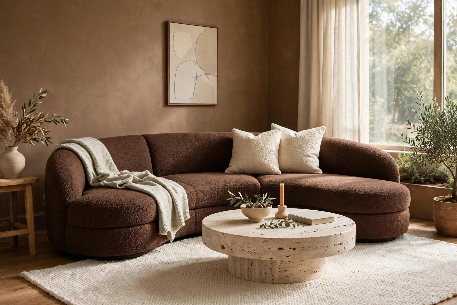 Contemporary brown living room with a curved chocolate boucle sofa and a sculptural stone coffee table