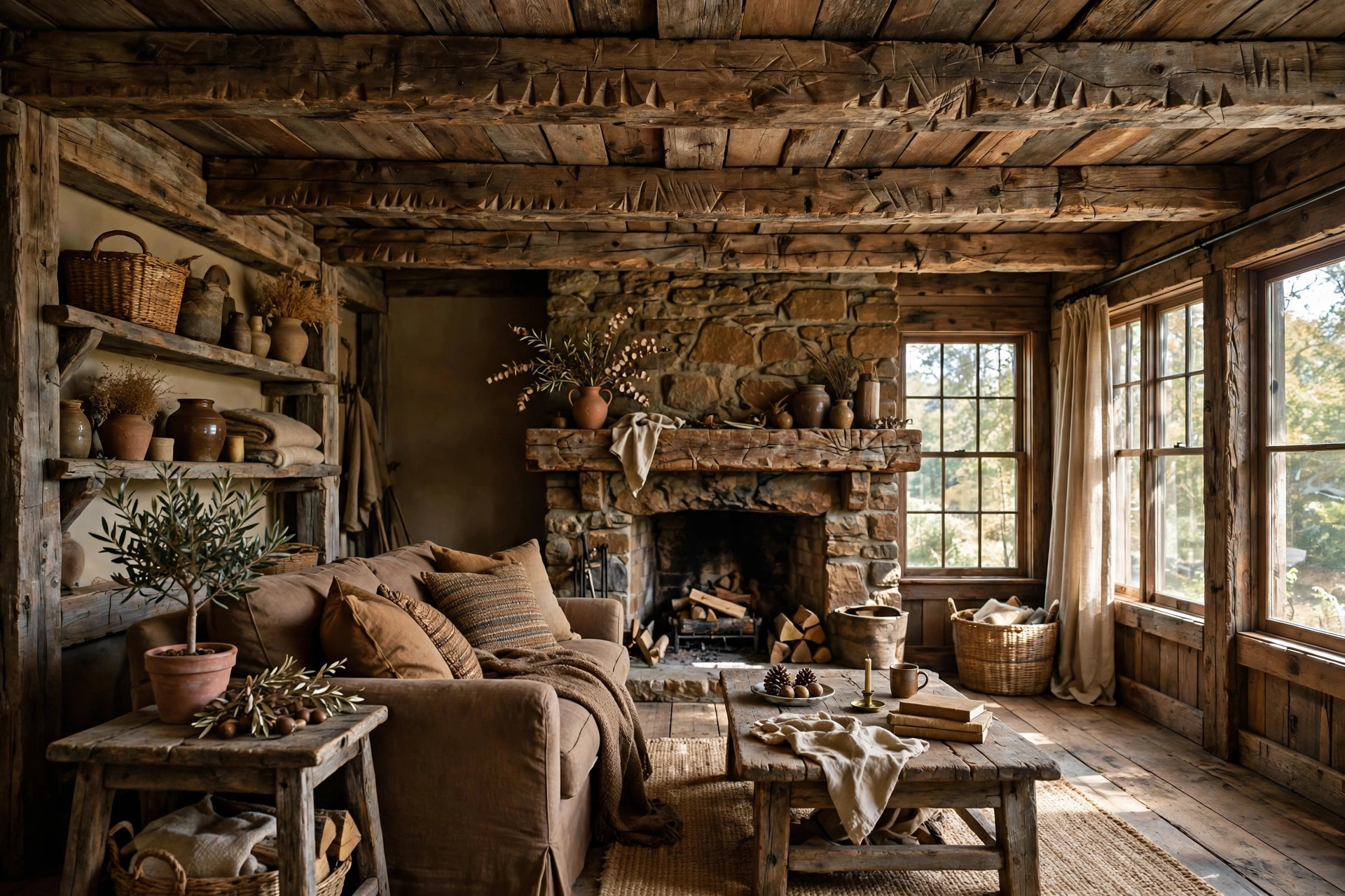 Rustic brown living room with exposed reclaimed wood ceiling beams and a stone fireplace