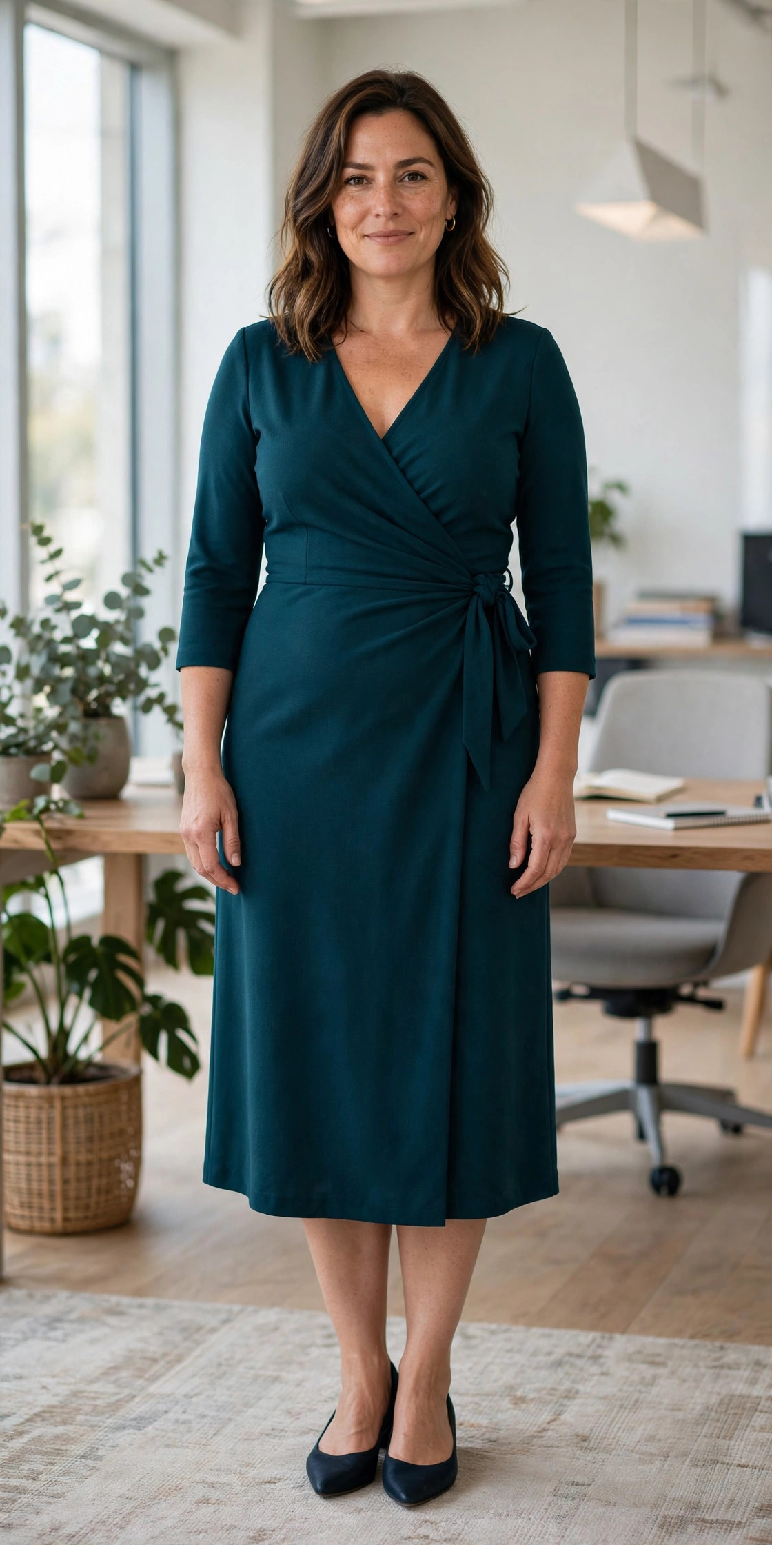 Woman wearing a deep teal wrap midi dress, a flattering office outfit for women with a tummy